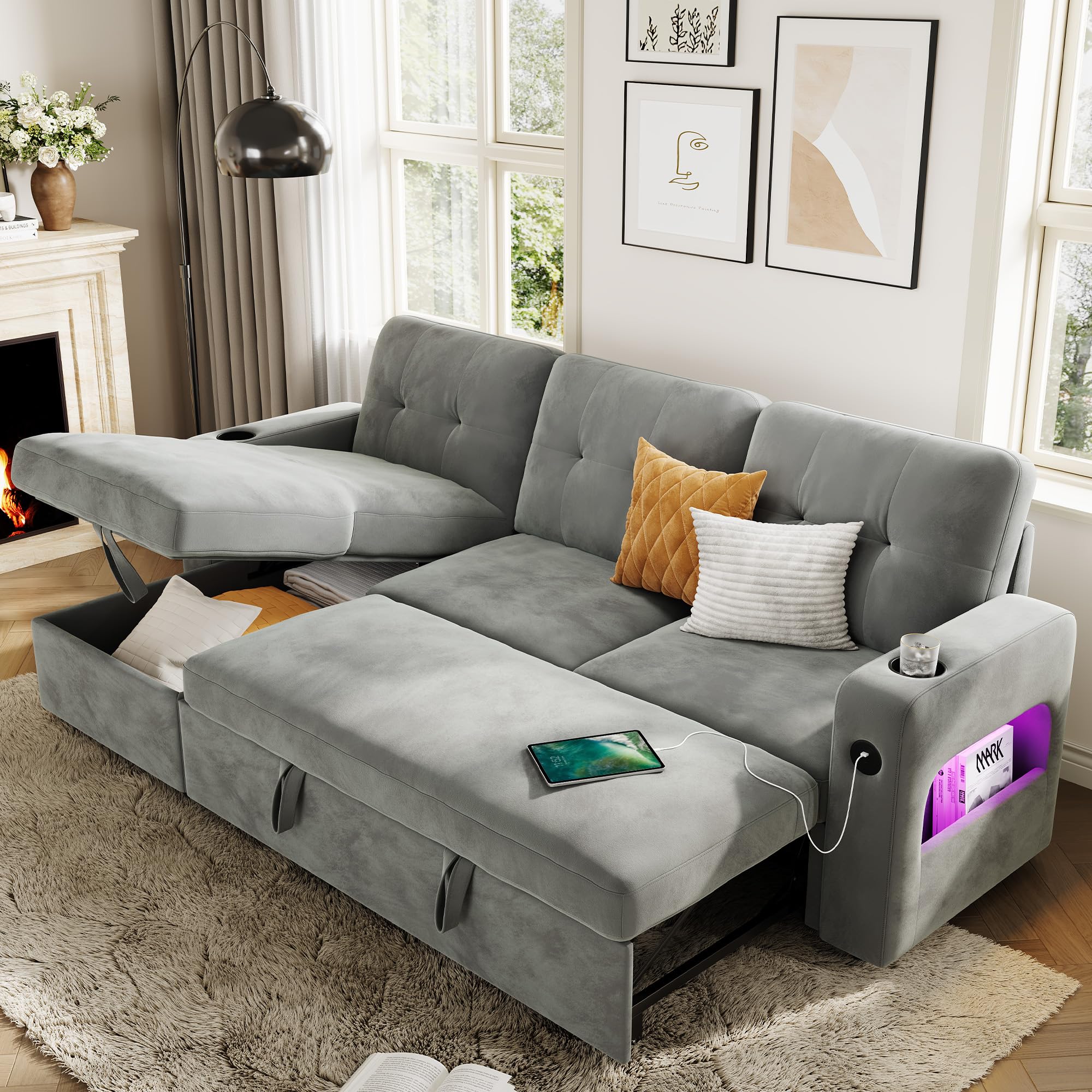 IDEALHOUSE 84" Sleeper Sofa with Storage & Charging Station, Convertible Sectional Couch Bed with LED Lights, Reversible Chaise, Pull Out Sofa Bed for Living Room Apartment, Velvet, Light Grey