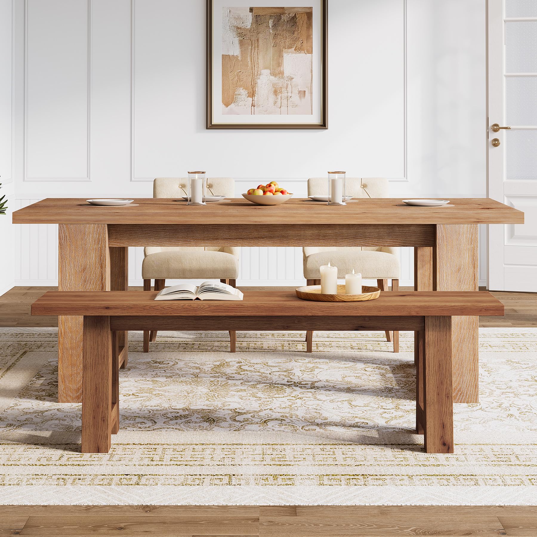 Solid Wood Dining Bench with A-Shaped Legs | 55.12-Inch Farmhouse Entryway Bench Indoor for Hallway, Kitchen, Dining Room, Living Room (Brown)