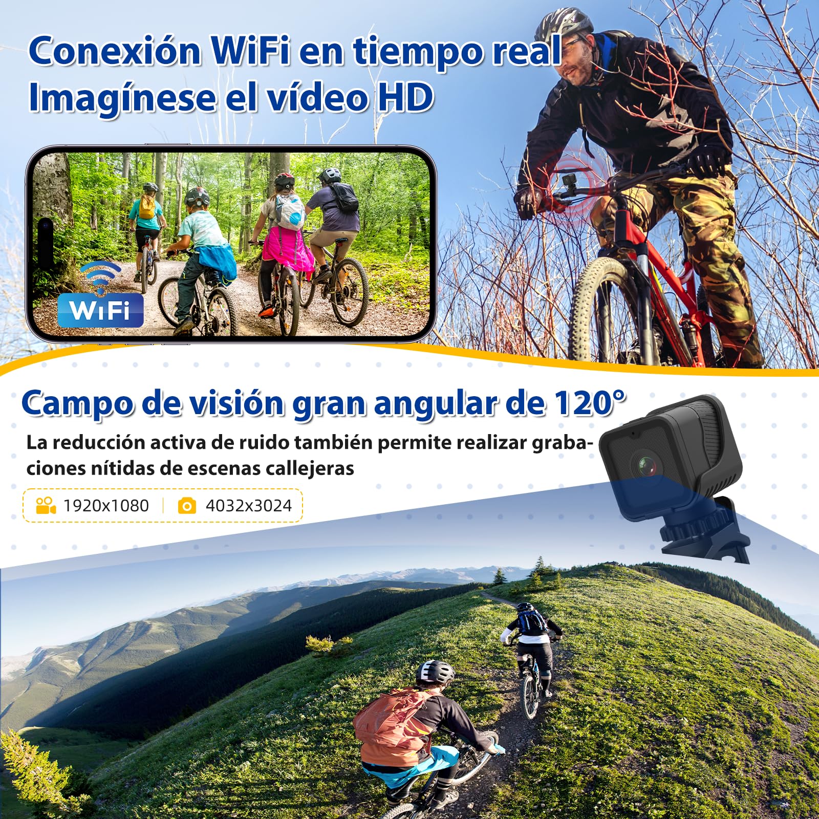 AIKER Dashcam Moto,Camara para Moto WiFi Mejorada Resistente Agua IP66,1080PHD&120°Gran Angular Camara Deportiva,Nivelación Automática De Cámaras Cascos De Motocicleta,y 64GB Tarjeta de Memoria