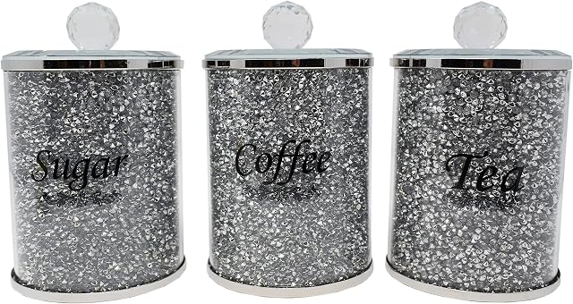 Tea Coffee Sugar Canister JAR Storage 5 Colours Trimmings Diamond Crystal Filled (Silver)