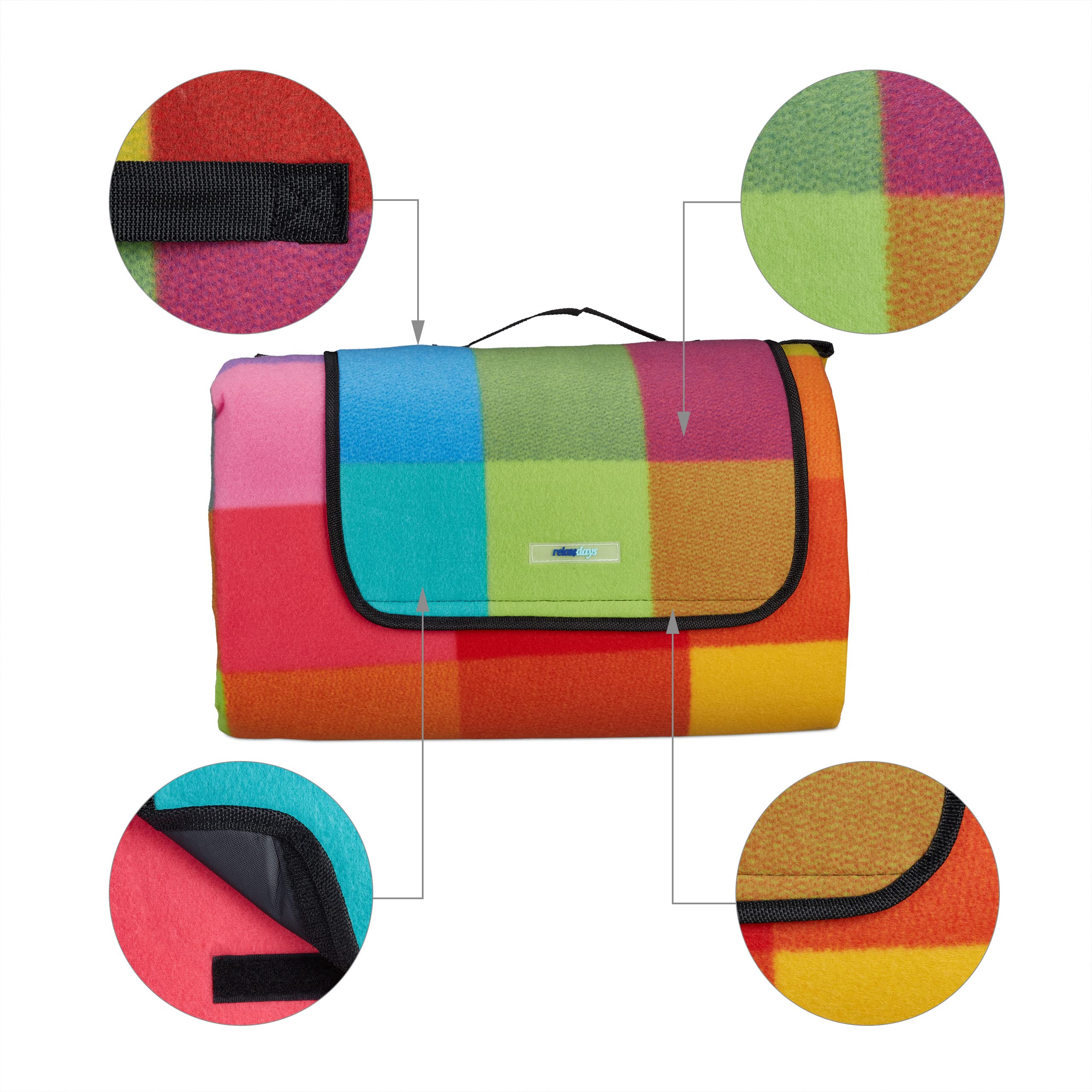 Relaxdays Couverture Pique-Nique XXL, 200 x 300 cm, Tapis de Plage Polaire, imperméable, avec poignée, Carreaux colorés