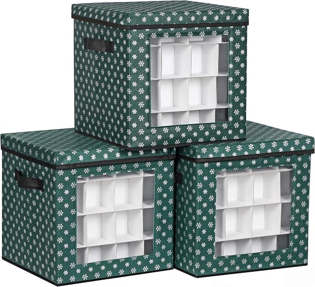 SONGMICS Christmas Bauble Storage Boxes, Set of 3 Storage Cube Bins for Christmas Decorations, 64 Box Places, Modular Dividers, 30.5 x 30.5 x 30.5 cm, Green RFB029G01
