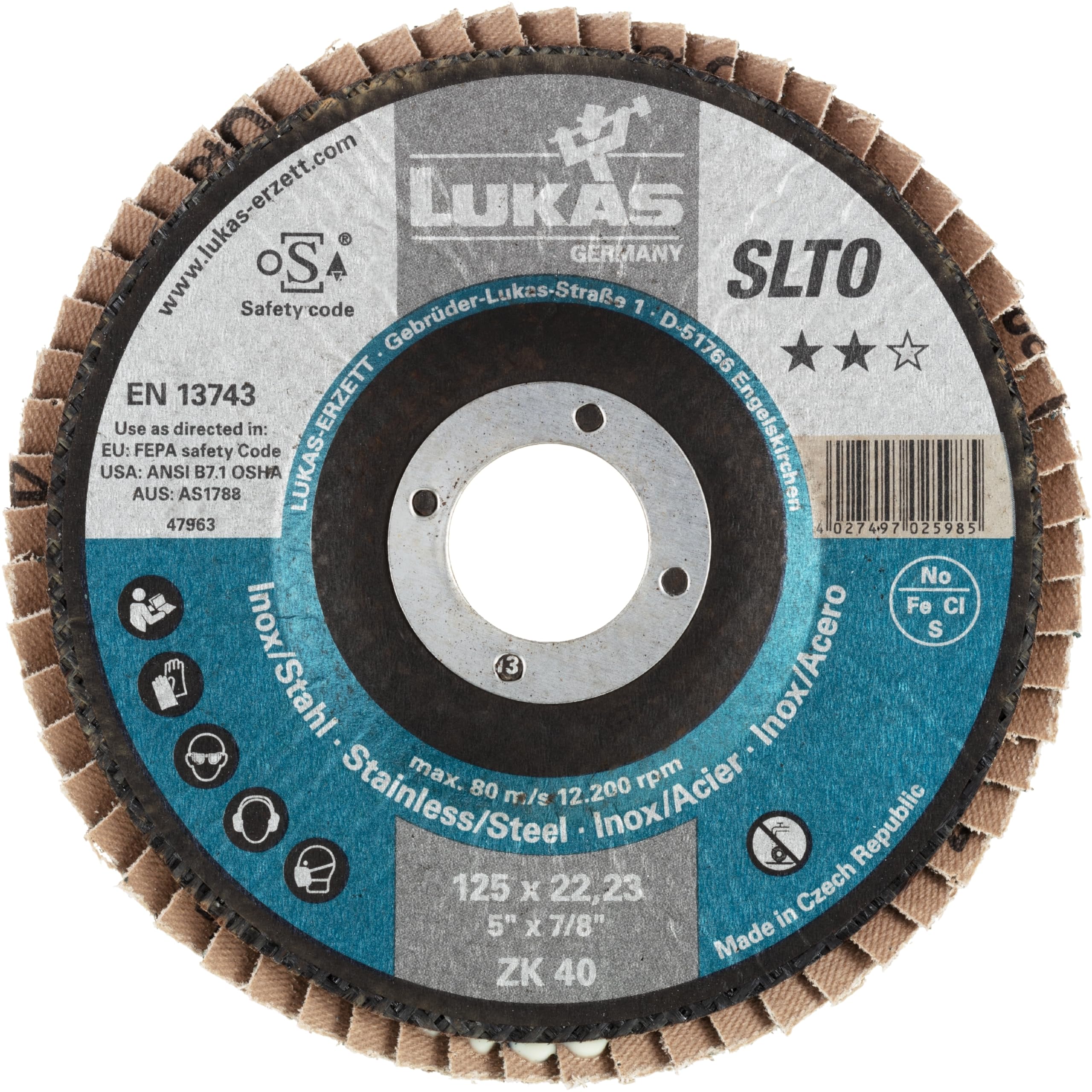 LUKAS-ERZETT - 10 dischi abrasivi a ventaglio SLTR, universali, Ø 125 mm, in zircone, grana 60, obliqua, 13 x 12,5 x 13 cm