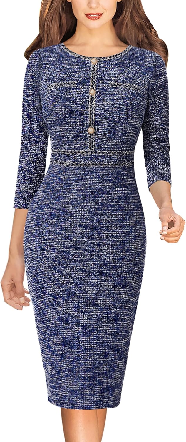 VFSHOW Womens Button Crew Neck Wear to Work Office Business Casual Church Party Slimming Fitted Bodycon Pencil Sheath Dress