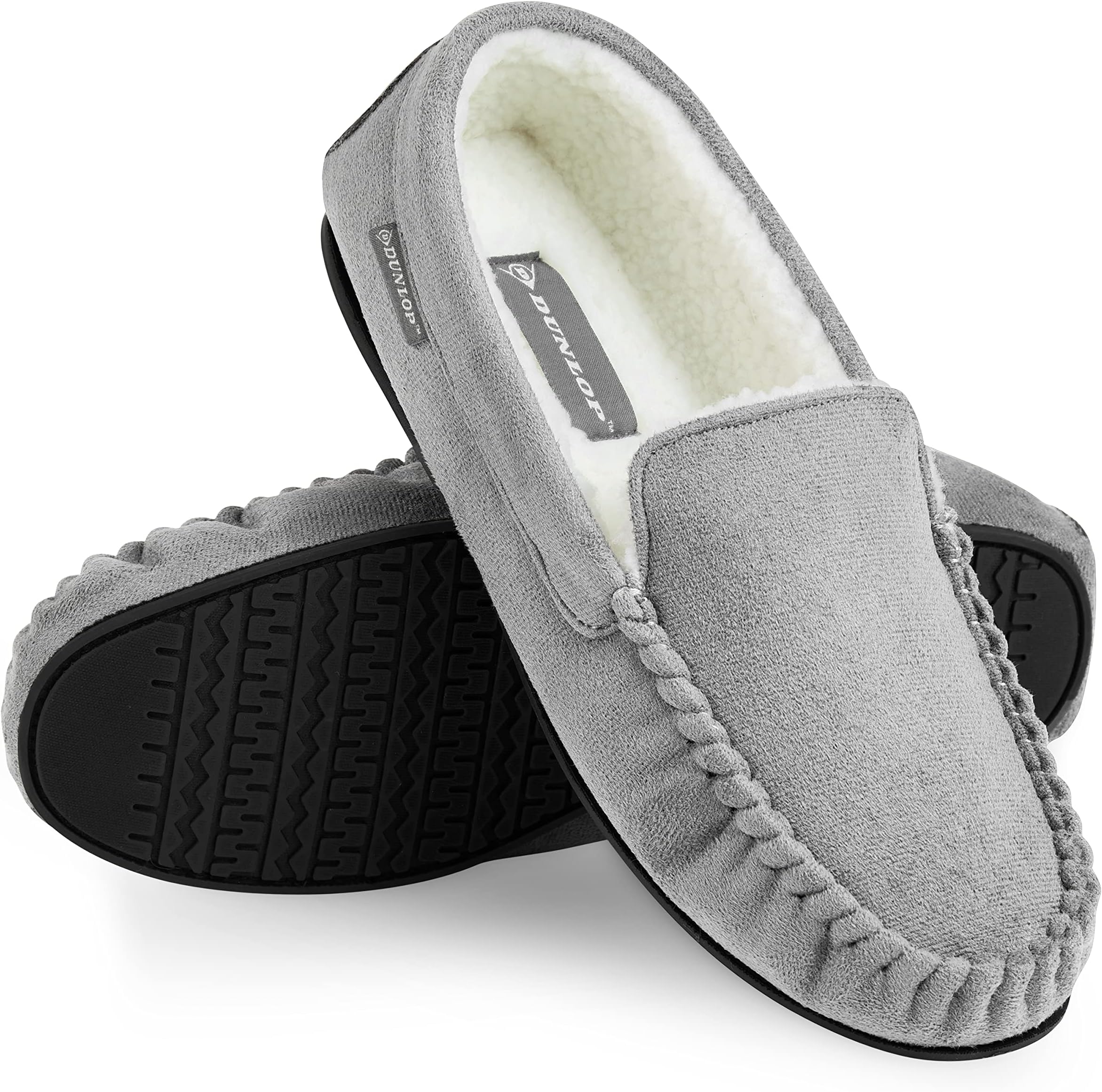 DUNLOPMens Moccasin Slippers Memory Foam Faux Sheepskin Indoor Outdoor House Shoes