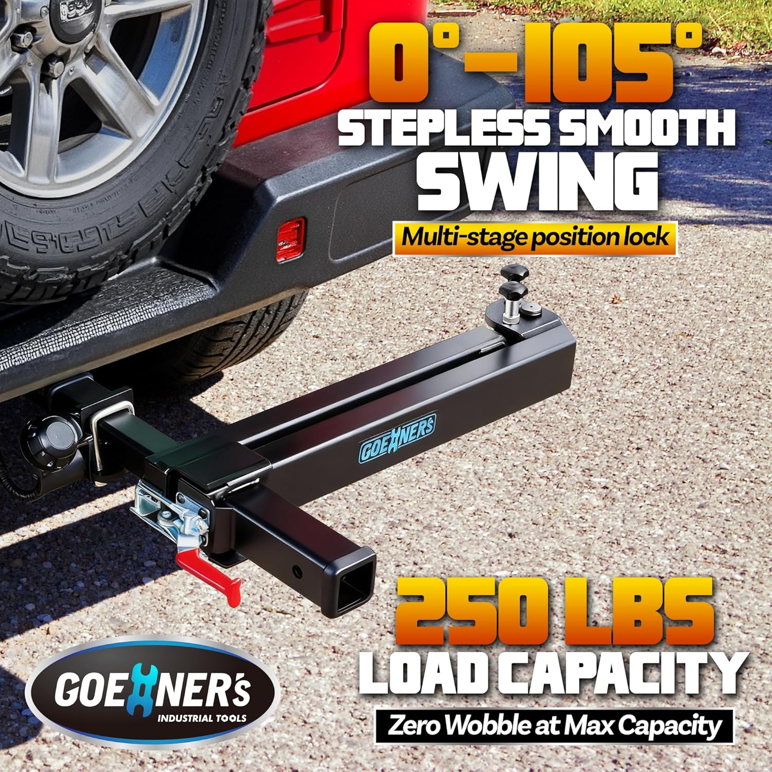 Swing Away Hitch Adapter for 2" Receiver, 0°-105° Swinging Bike Rack Extension Arm, 250 LBS Capacity, Hitch Mount Hauling Racks Carrier Accessory for Cars, Trucks, SUVs - Driver/Passenger Side