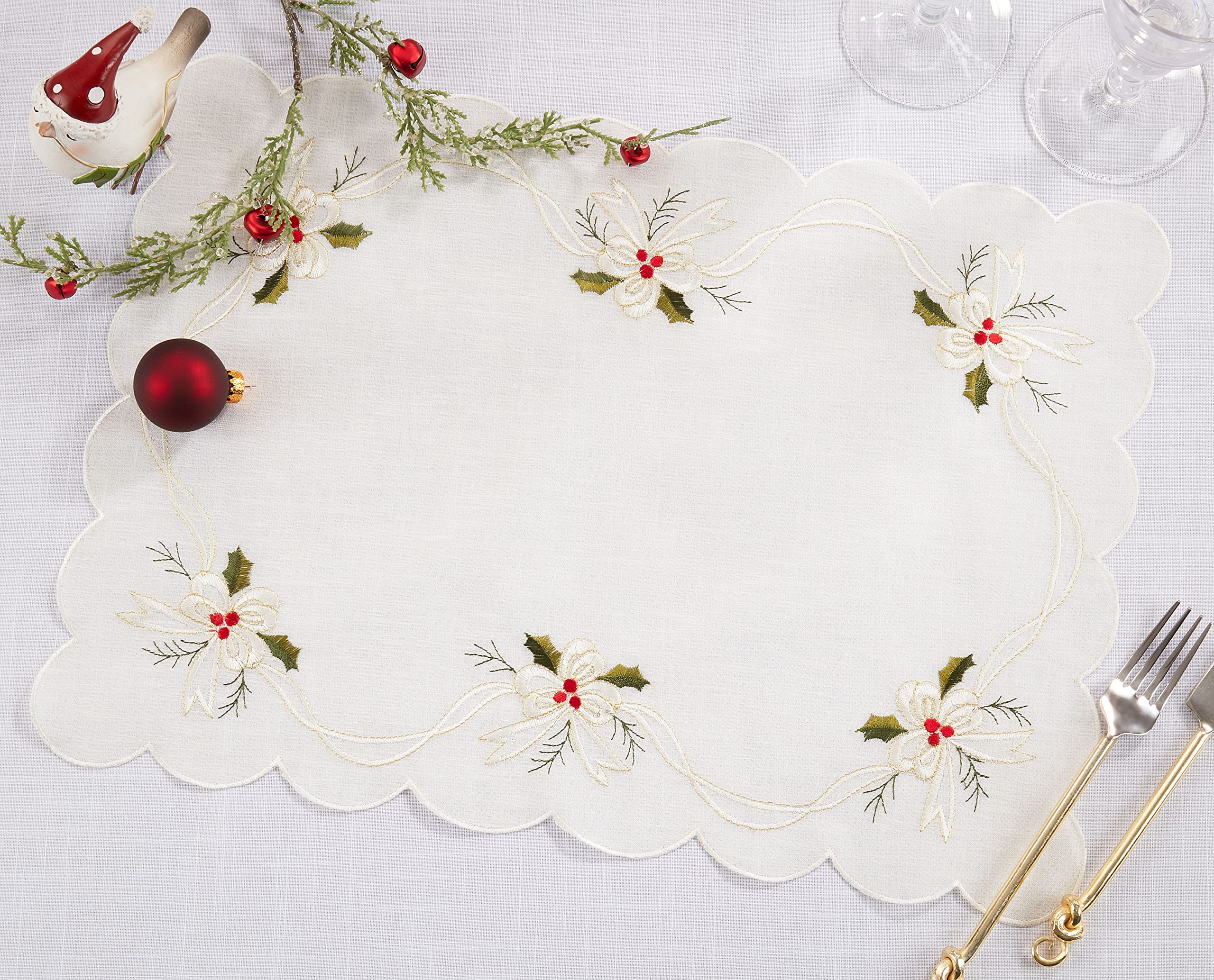 Nappe brodée de houx et de gui sur une nappe rouge - Nappes brodées