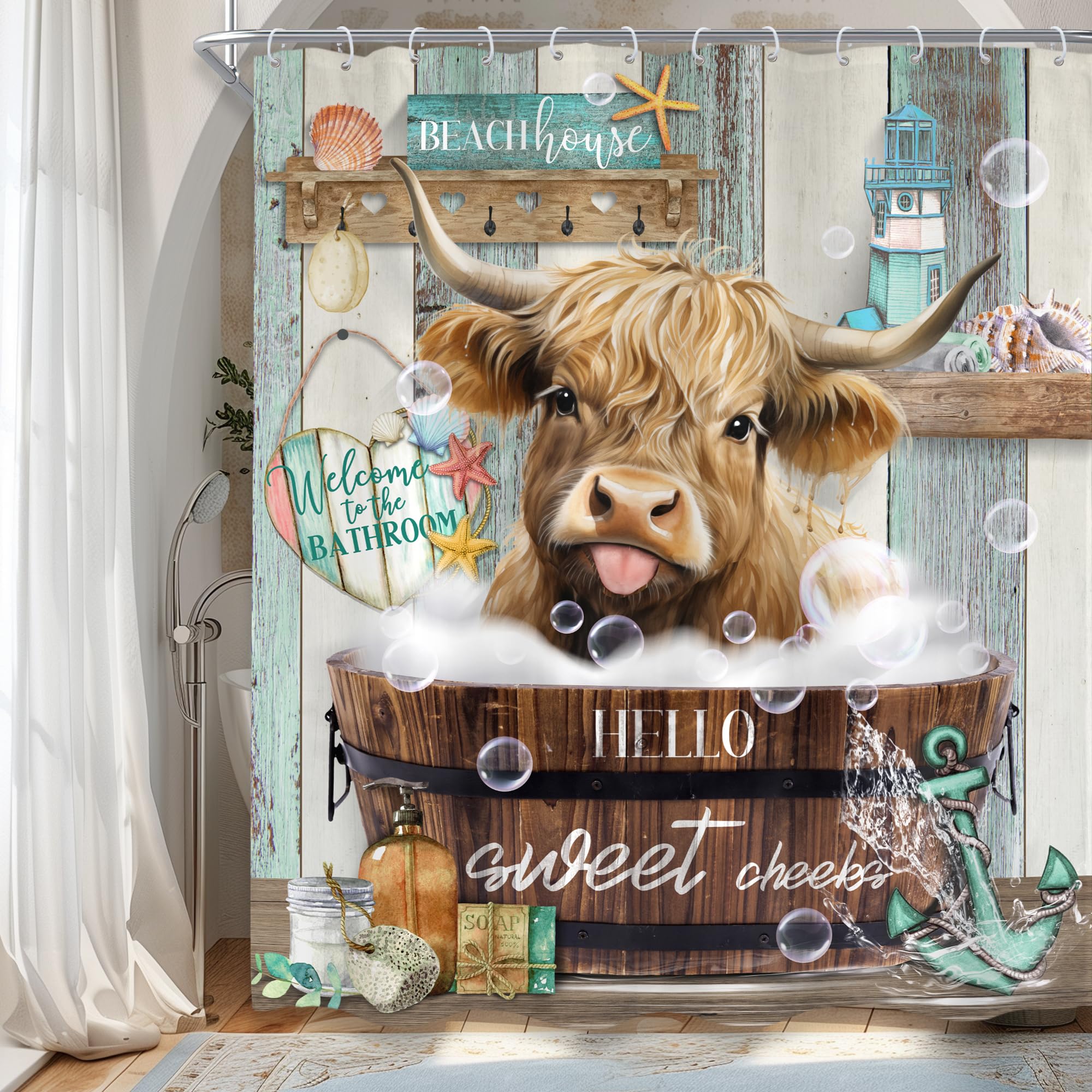 Cinbloo Funny Highland Cow Shower Curtain 60Wx72H Beach Western Country Shower Curtain Cattle in Bathtub Rustic Teal Wooden Ocean Seashell Starfish