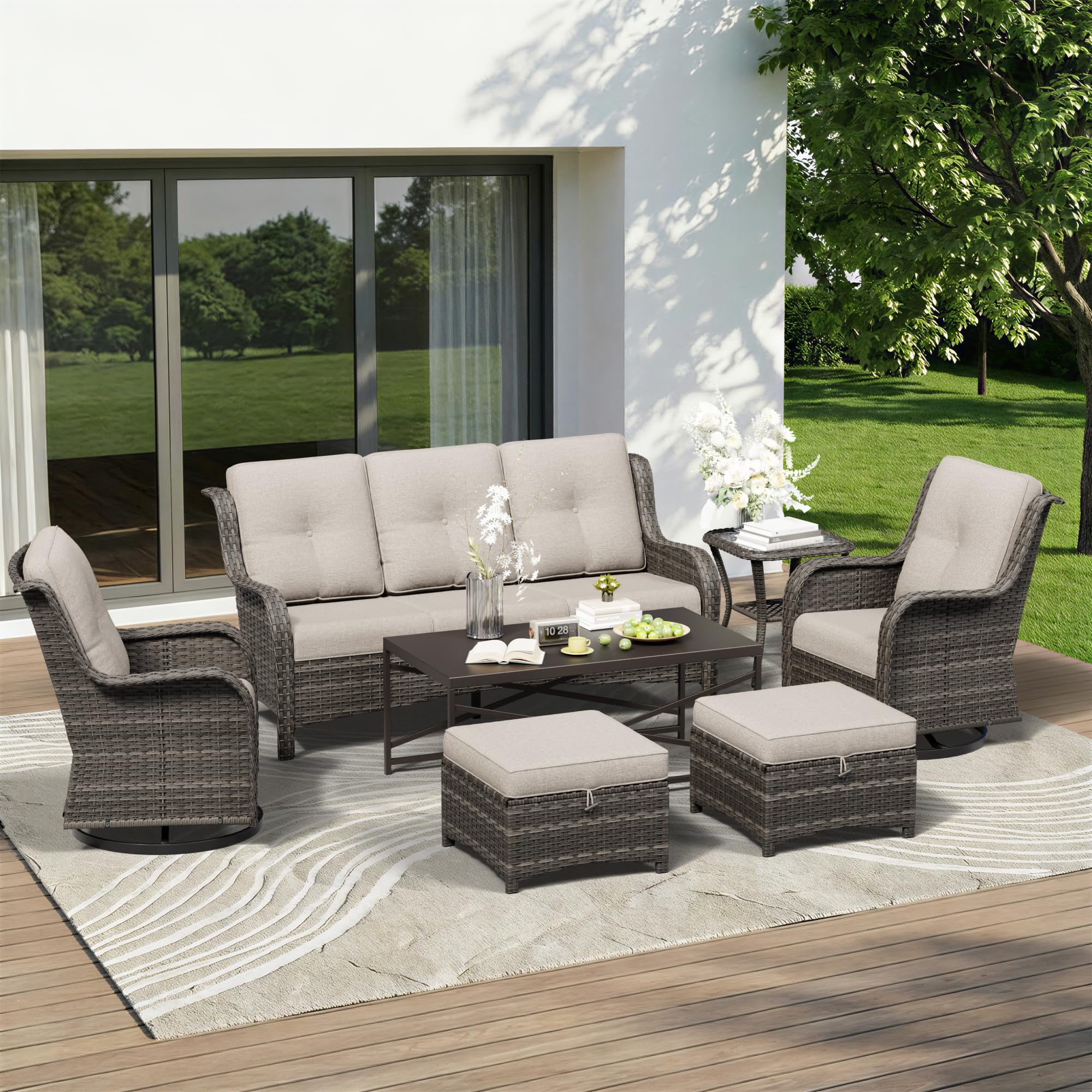 7 Piece Outdoor Wicker Patio Furniture Set, Outdoor Swivel Rocker Patio Chairs Set with Thickened Olefin Cushions, High Back and Deep Seating, Hand-Woven PE Rattan for Porch, Deck