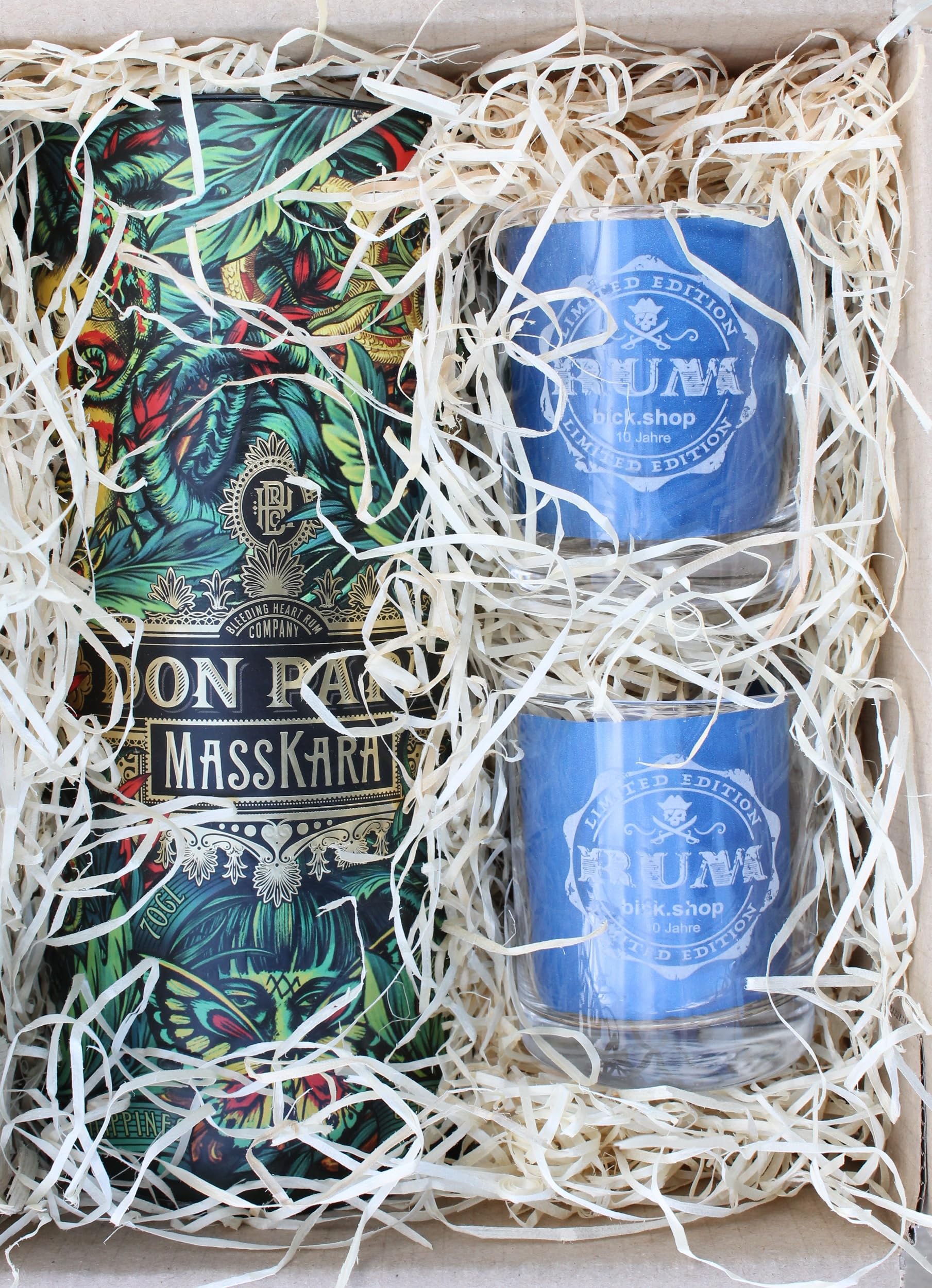 Geschenkset 2 Gläser + 1 Flasche Rum Masskara personalisierte lasergravierte Geschenkidee mit persönlicher Note gravierte Rumgläser Geschenkbox (200ml, Pirat)