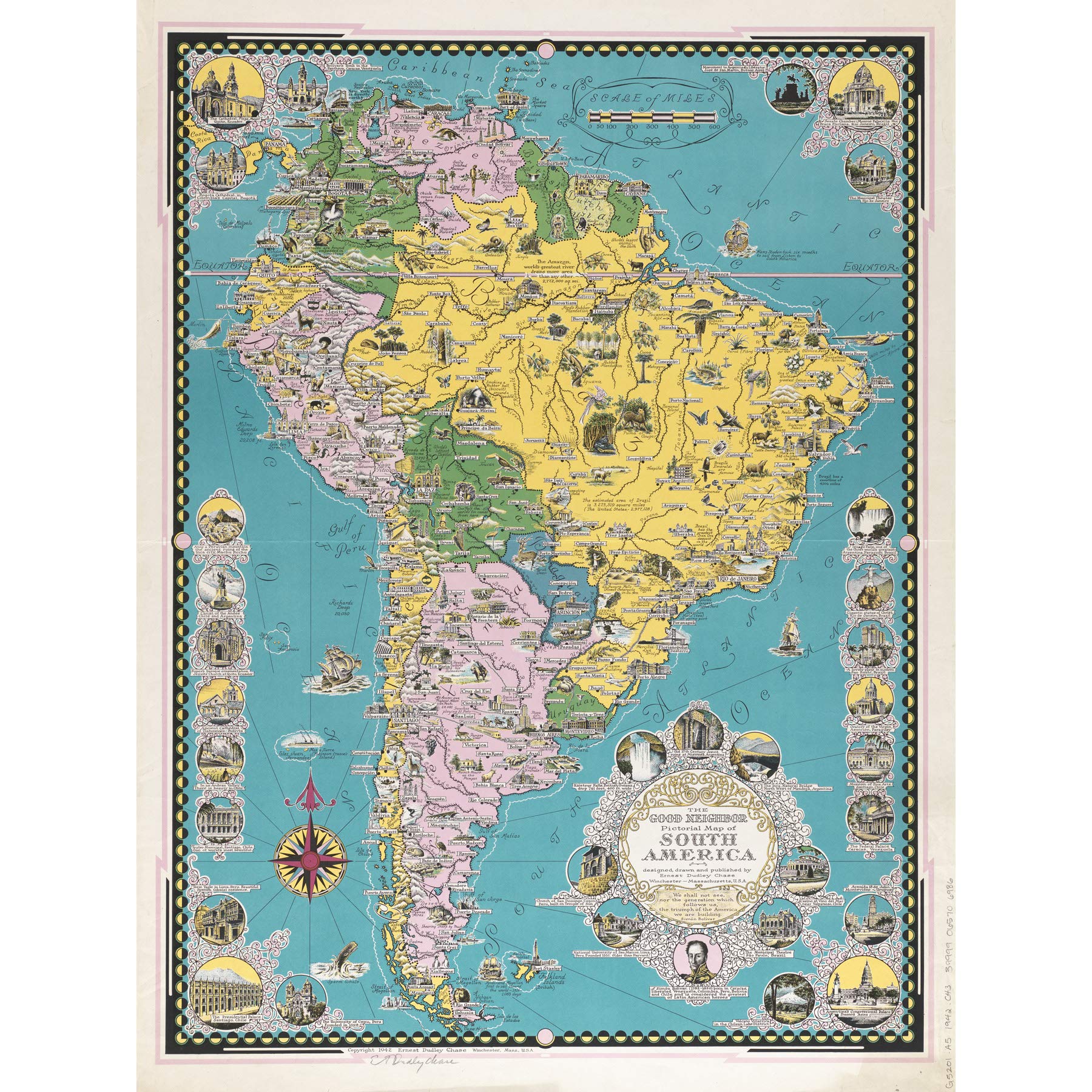 Chase 1942 Pictorial Map South America Buildings Large Print Poster Wall Art Decor Picture