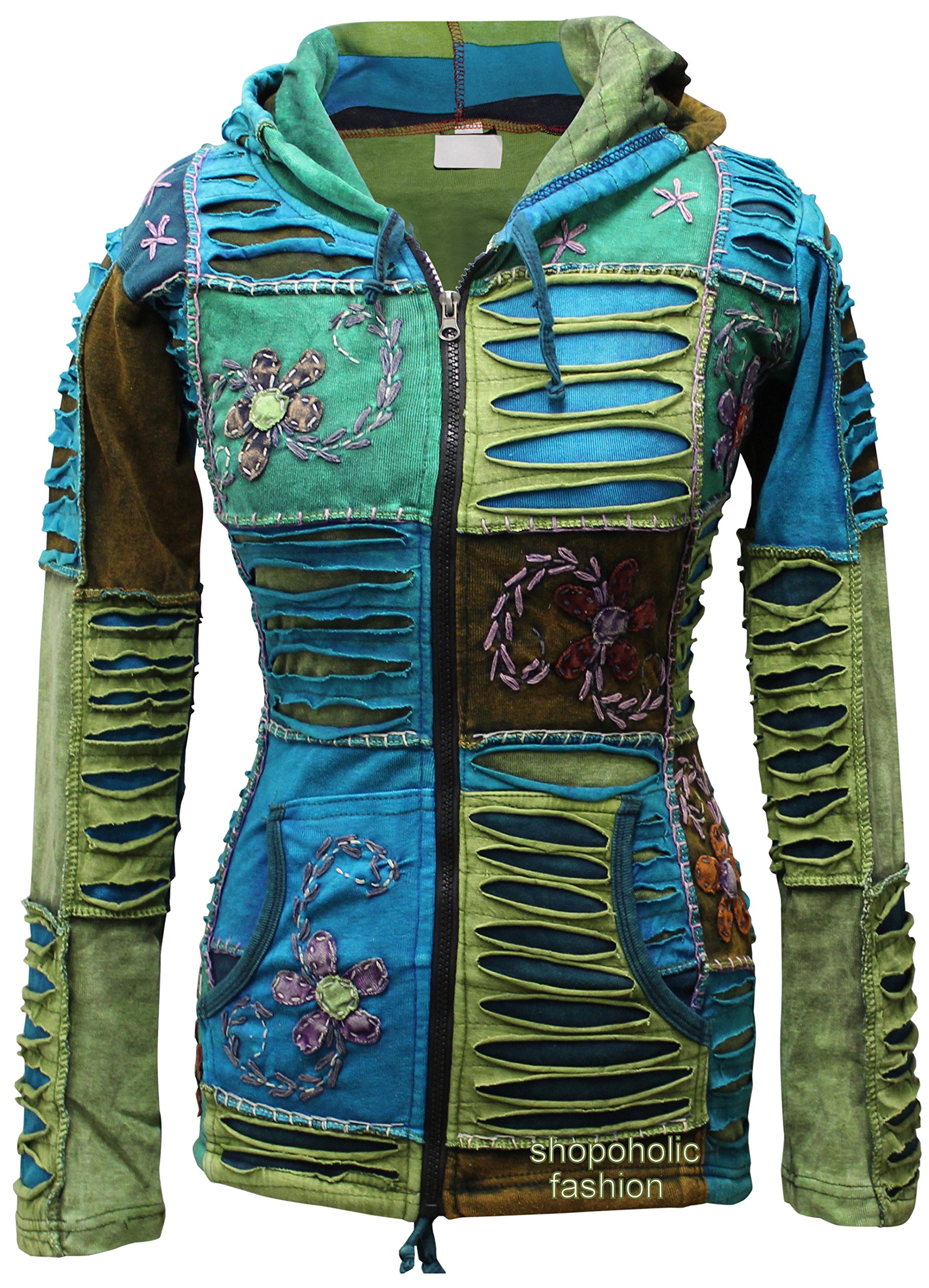 SHOPOHOLIC FASHION Women's Floral Embroidered Patchwork Razor Cut Hippie Pixie Hooded Jacket, Blue [S]