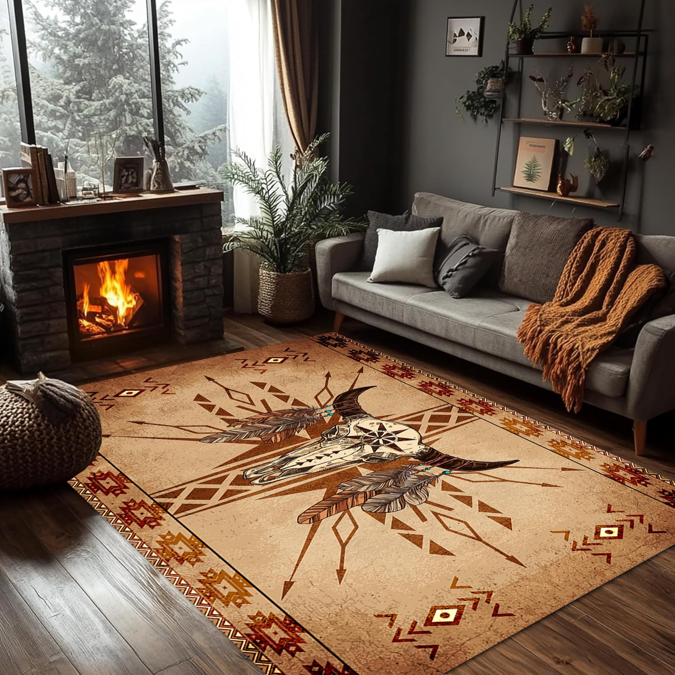 PDENZG Western Area Rugs, 120x180cm,Southwestern Tribal Native American Rug，Feather Bull Skull Large Washable Rugs,Brown Ultra Soft Vintage Aztec Carpet ，for Living Room Dinning Room Bedroom Indoor
