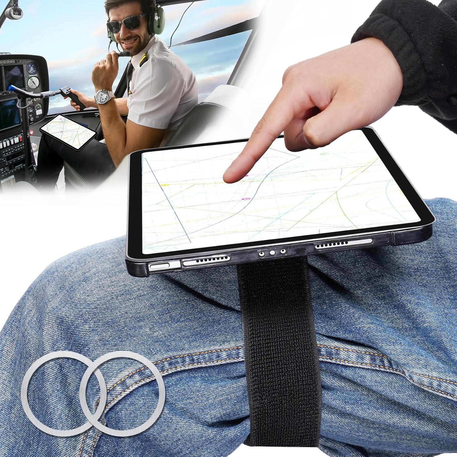 NiHome Adjustable Magnetic Lap Mount for Tablets & Phones, Pilot Magnetic Kneeboard for iPad, Secure Anti-Slip Elastic Strap for Flights, Wheelchairs, Hands-Free Solution with Quick Device Switching One Size Black (with 33.5“ Elastic Strap)