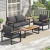 COMLAXFIELD 4-Piece Grey Outdoor Patio Conversation Set with Metal Frame, Washable Cushions & Coffee Table