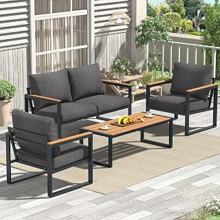 COMLAXFIELD 4-Piece Grey Metal Patio Conversation Set with Thick Washable Cushions & Coffee Table