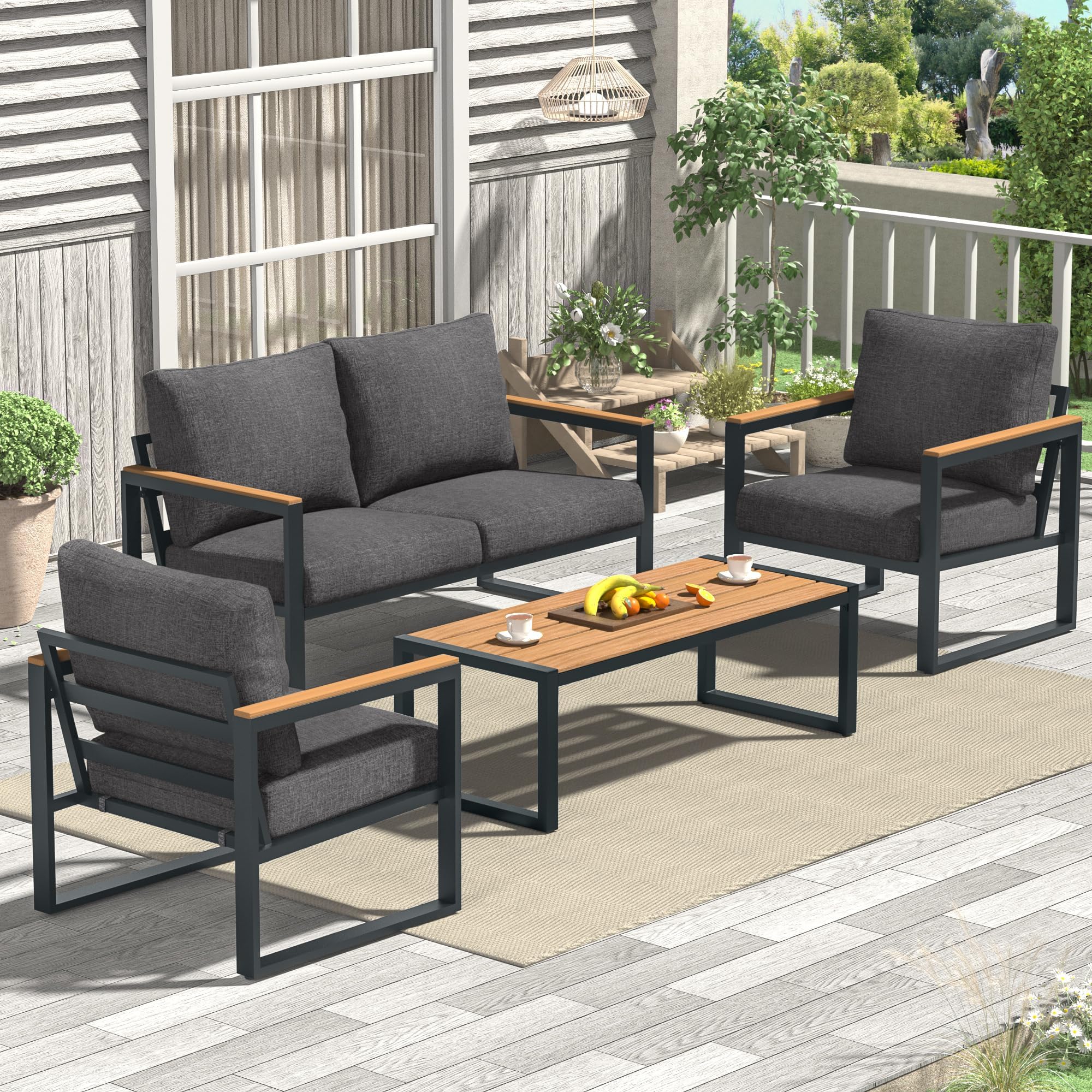 Patio Furniture Set, 4 Pieces Outdoor Patio Furniture with Coffee Table Set, Metal Patio Conversation Sets with Washable and High-Resiliency Sponge Cushions,Upgarded Grey