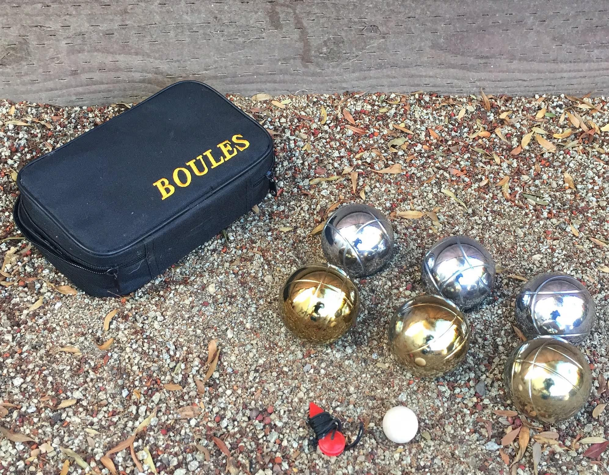 BuyBocceBalls Listing -73mm Metal Set for Petanque, Boules and Bocce - with 6 Gold and Silver Balls, Black Bag, Wood pallino and Measuring Device