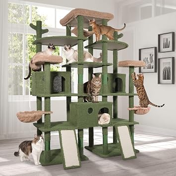 80-Inch Extra Large Cactus Cat Tree w/Widened Perch for Large Cats, Big Cat Tower Indoor, Modern Multi-Level Activity Tower with Scratching Posts, Condos, Baskets, Hammock, Scratching Ramps