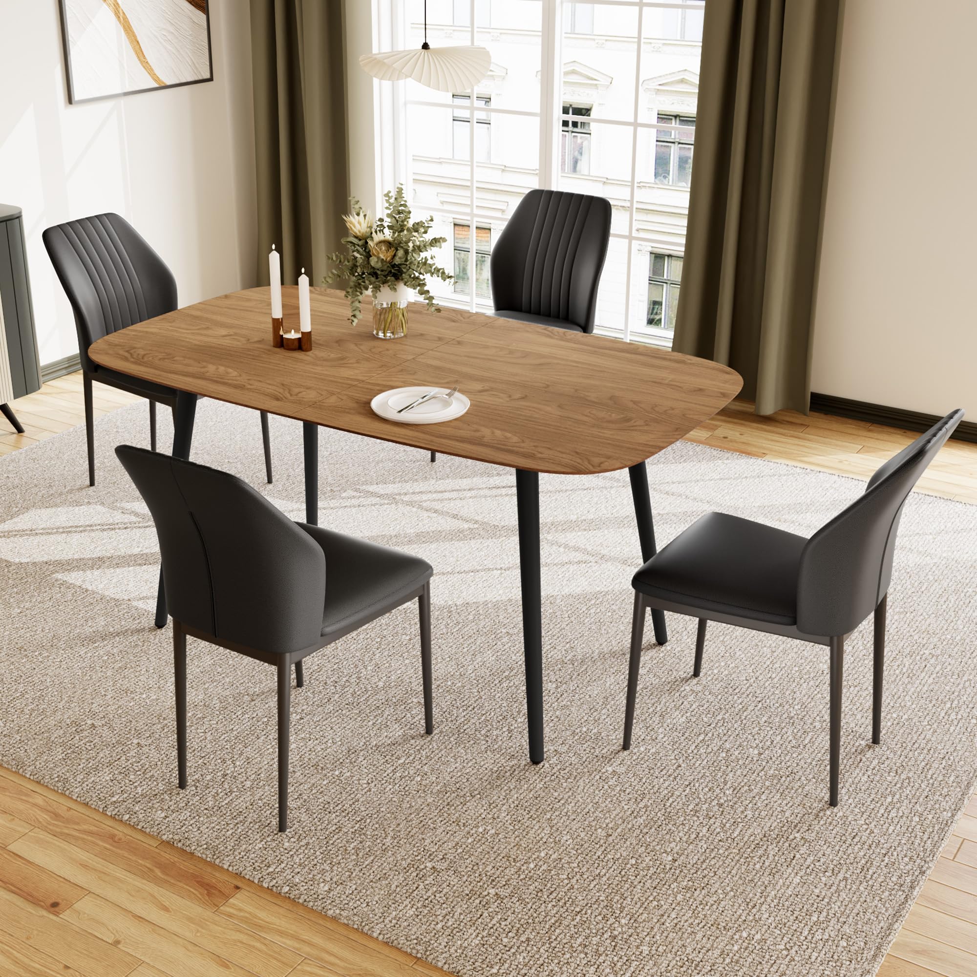 JIEXI Dining Table and Chairs set 4, Kitchen Table 140cm MDF Modern Wooden with Metal Black Legs for Living Room & Dining Room Restaurant, Apartments