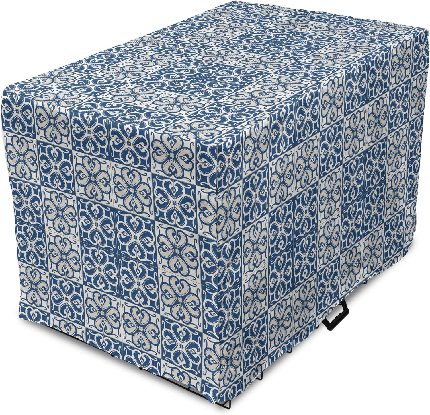 Lunarable Ethnic Dog Crate Cover, Portuguese Azulejo Tiles Moroccan Culture Elements Bicolor Arrangement, Easy to Use Pet Kennel Cover for Medium Large Dogs, 48 Inch, Blue and Ivory
