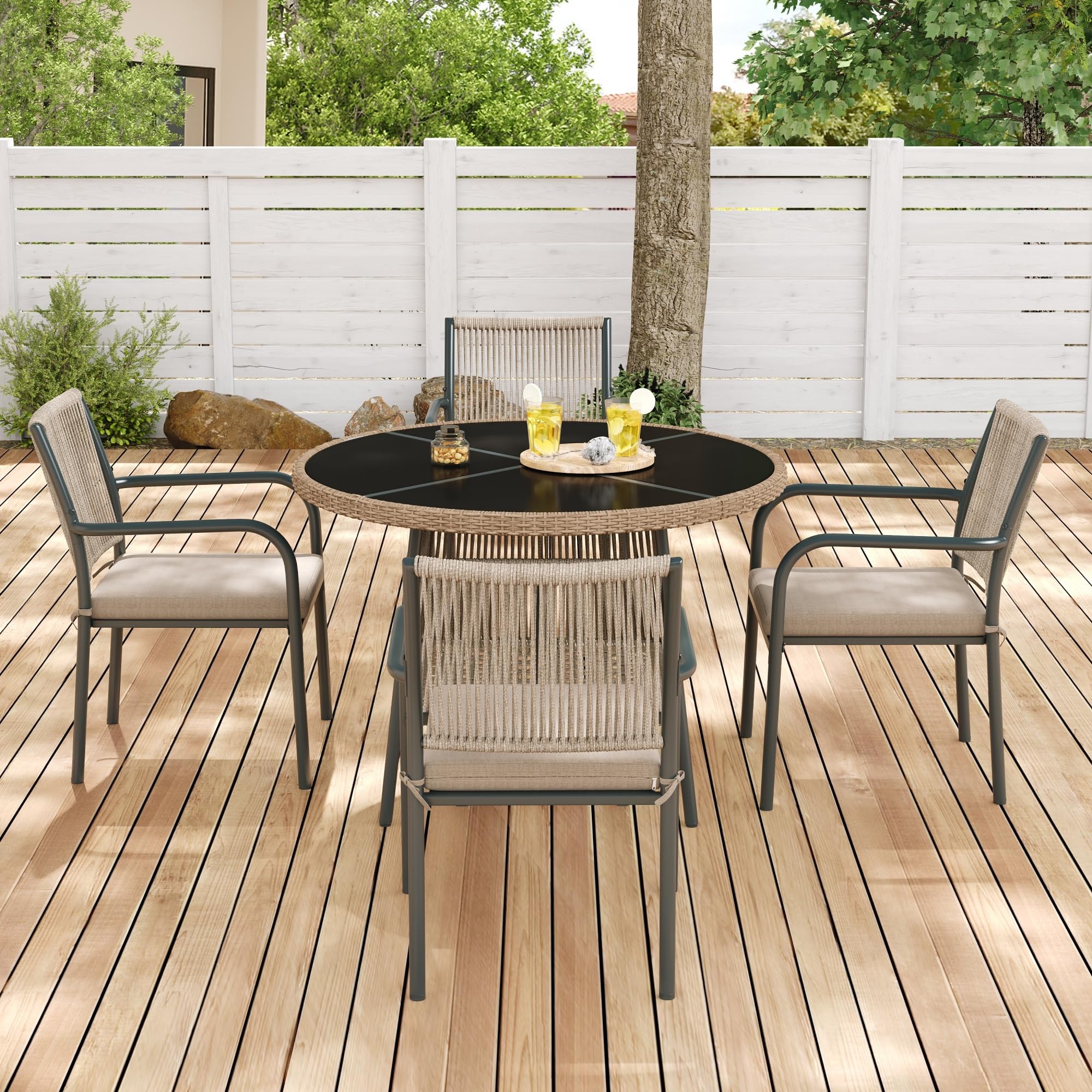 Salon de Jardin Extérieur en Résine Tressée 4 Places,4 Chaises et 1 Table Ronde,Coussin,Ensemble de Bistrot pour Jardin en Fonte Aluminium,Rotin Set de 5 pcs,Balcon,Patio