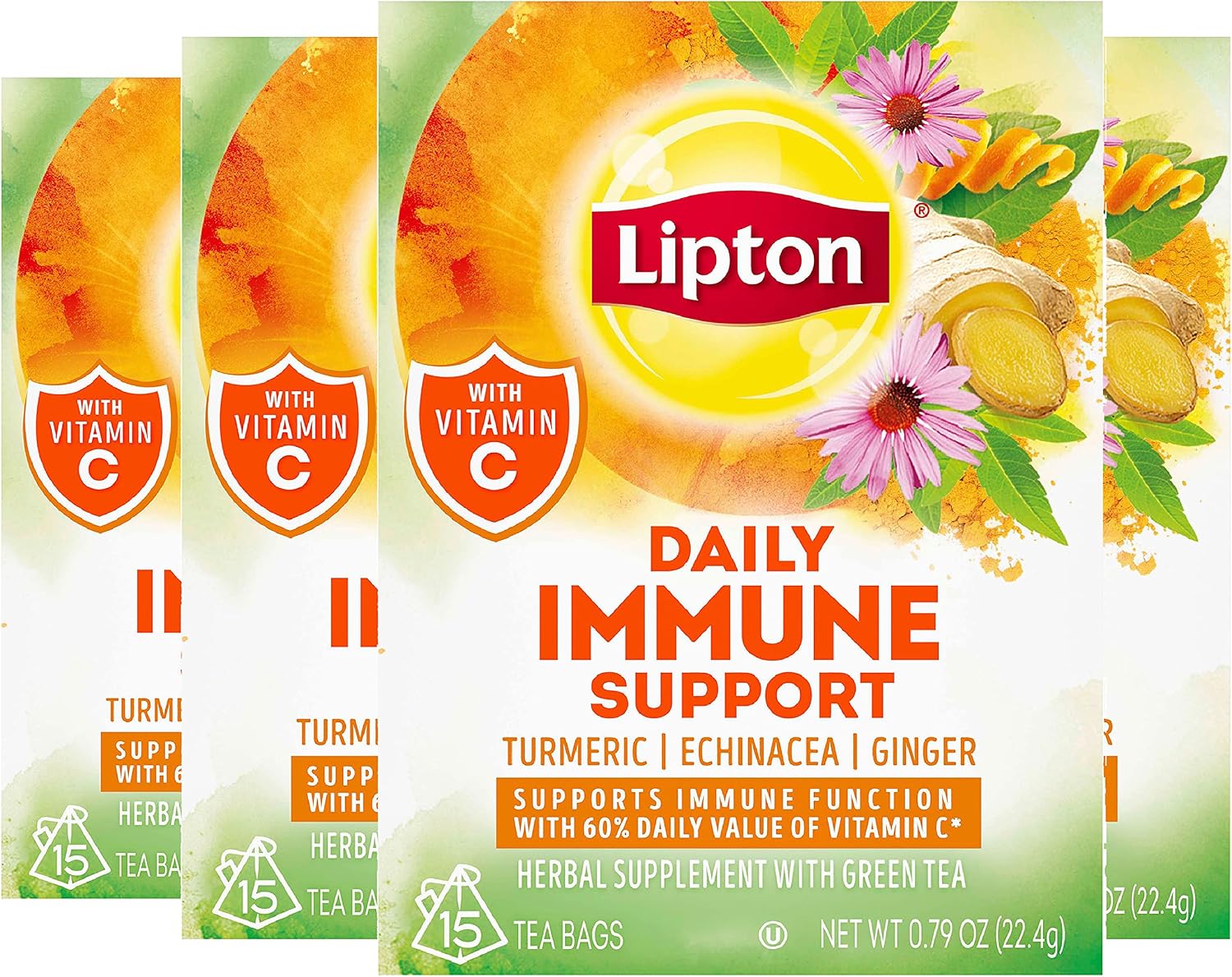 Lipton Daily Immune Support Herbal Supplement with Green Tea Turmeric Echinacea and Ginger With Vitamin C 15 ct, Pack of 4