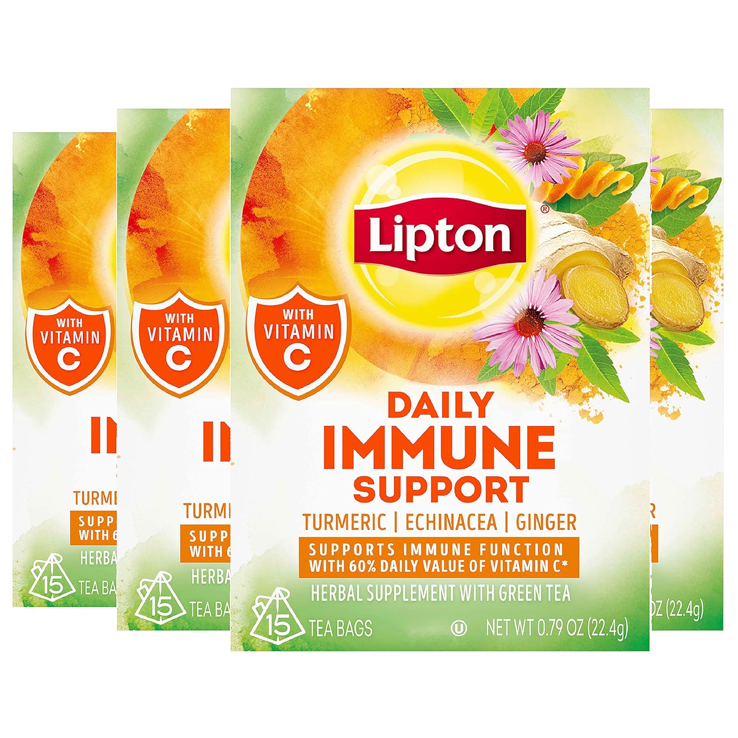 Lipton Daily Immune Support Herbal Supplement with Green Tea Turmeric Echinacea and Ginger With Vitamin C 15 ct, Pack of 4 : Health & Household