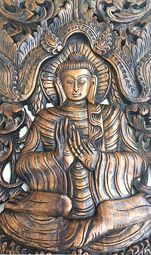 Miniatura 3 de Asiana Home Decor Buddha - Panel de pared de madera tallada grande en acabado marrón oscuro, tamaño 35.5 x 13.5 x 1 pulgadas
