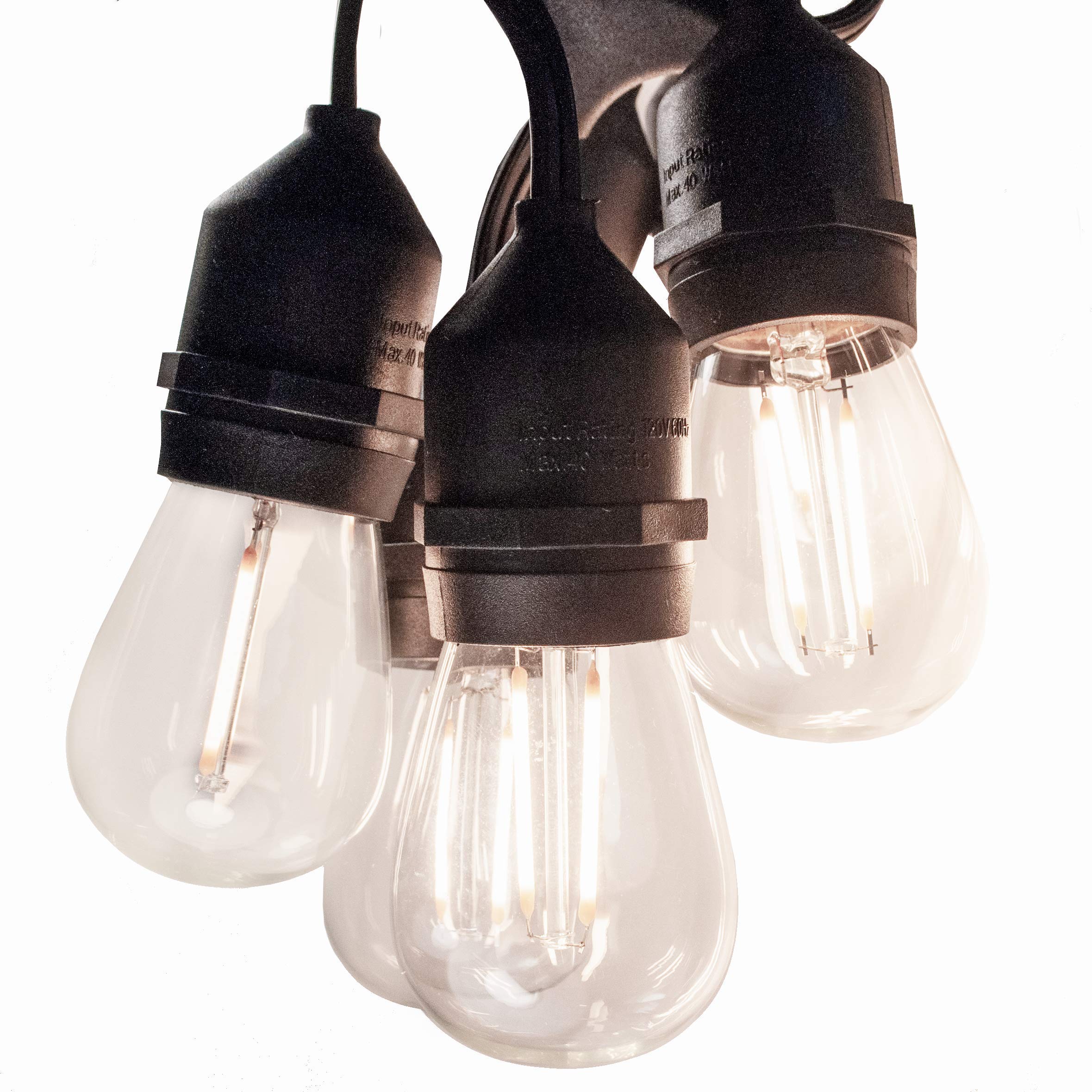 48 Foot E26 Commercial LED S14 Double Filament Outdoor String Lights with 15 Suspended Sockets and S14 LED Clear 1.5 Watt Bulbs for Weatherproof Heavy Duty Vintage Outside Lighting