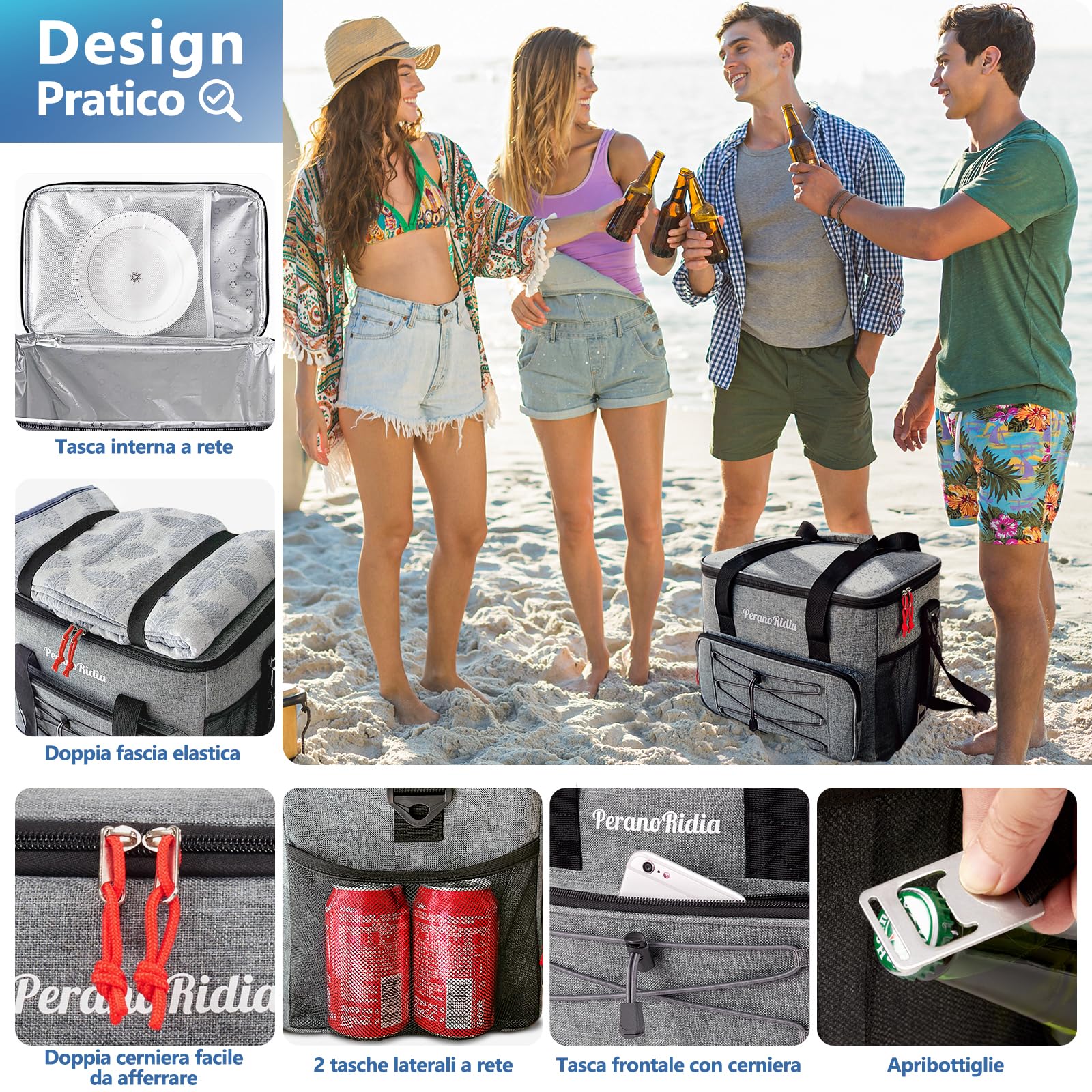 Borsa Termica 10/20/30 Litri, Borsa Frigo per Alimenti Mantenere Caldo o Freddo, Borse Termiche Mare Porta Pranzo Portatile per campeggio Spiaggia Grigliate Picnic Escursionismo Grigio