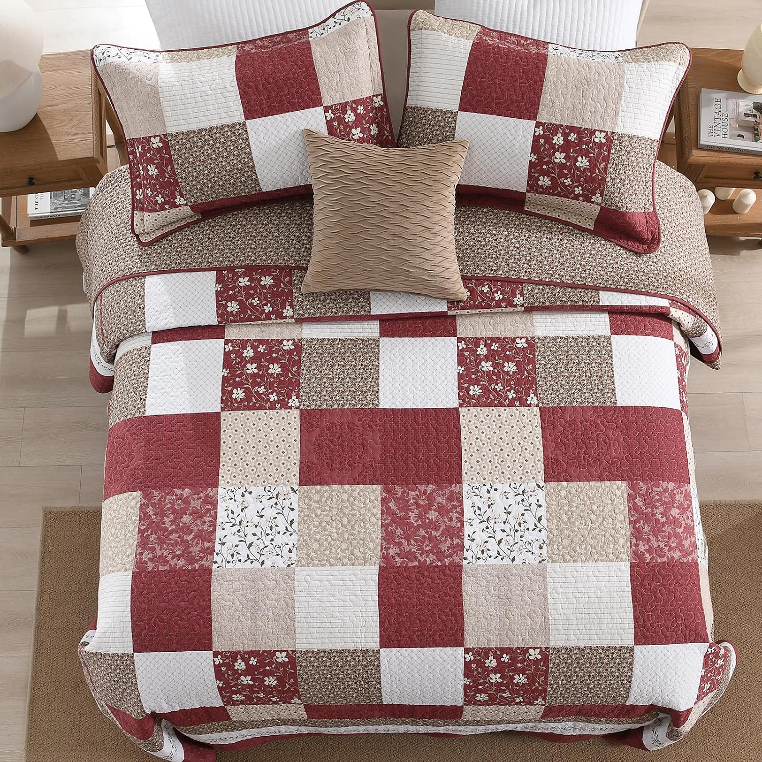 Oversized King Bedspreads 128x120 Extra Wide - Farmhouse Plaid Floral Reversible California King Quilt Set, 3-Piece Lightweight Thin Comforter Coverlet Set, Cal King, Burgundy/Taupe Brown