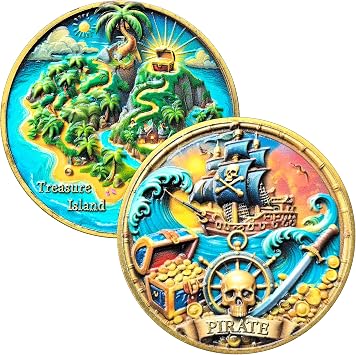Pirate Challenge Coin 1.57" Zinc Alloy with Case Skull & Crossbones Ship Front, Treasure Island Map Back, Nautical Pocket Token Gift for Adventure Fans