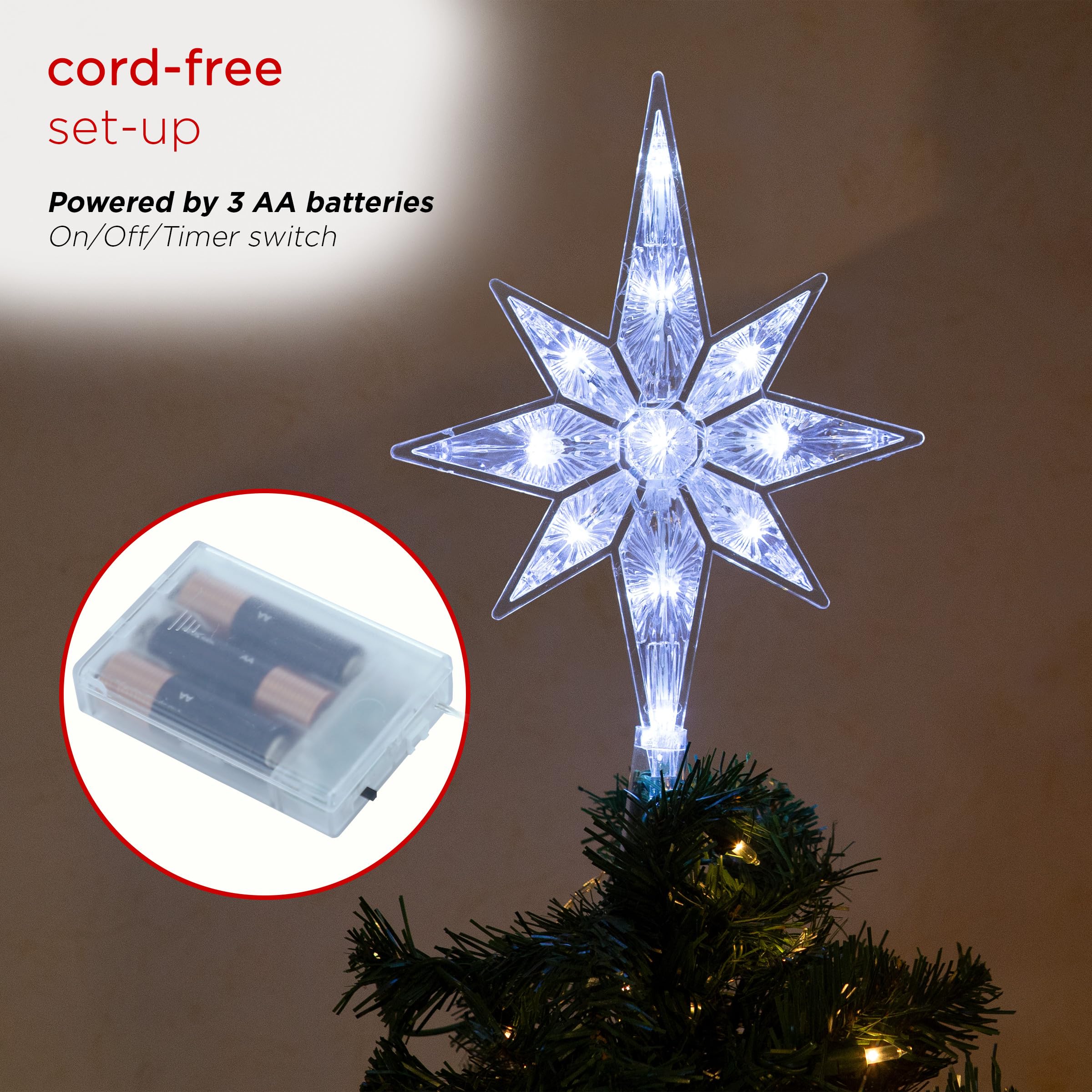 Alpine Corporation Cimier de Sapin de Noël en Forme d'étoile avec lumières LED Blanc Froid