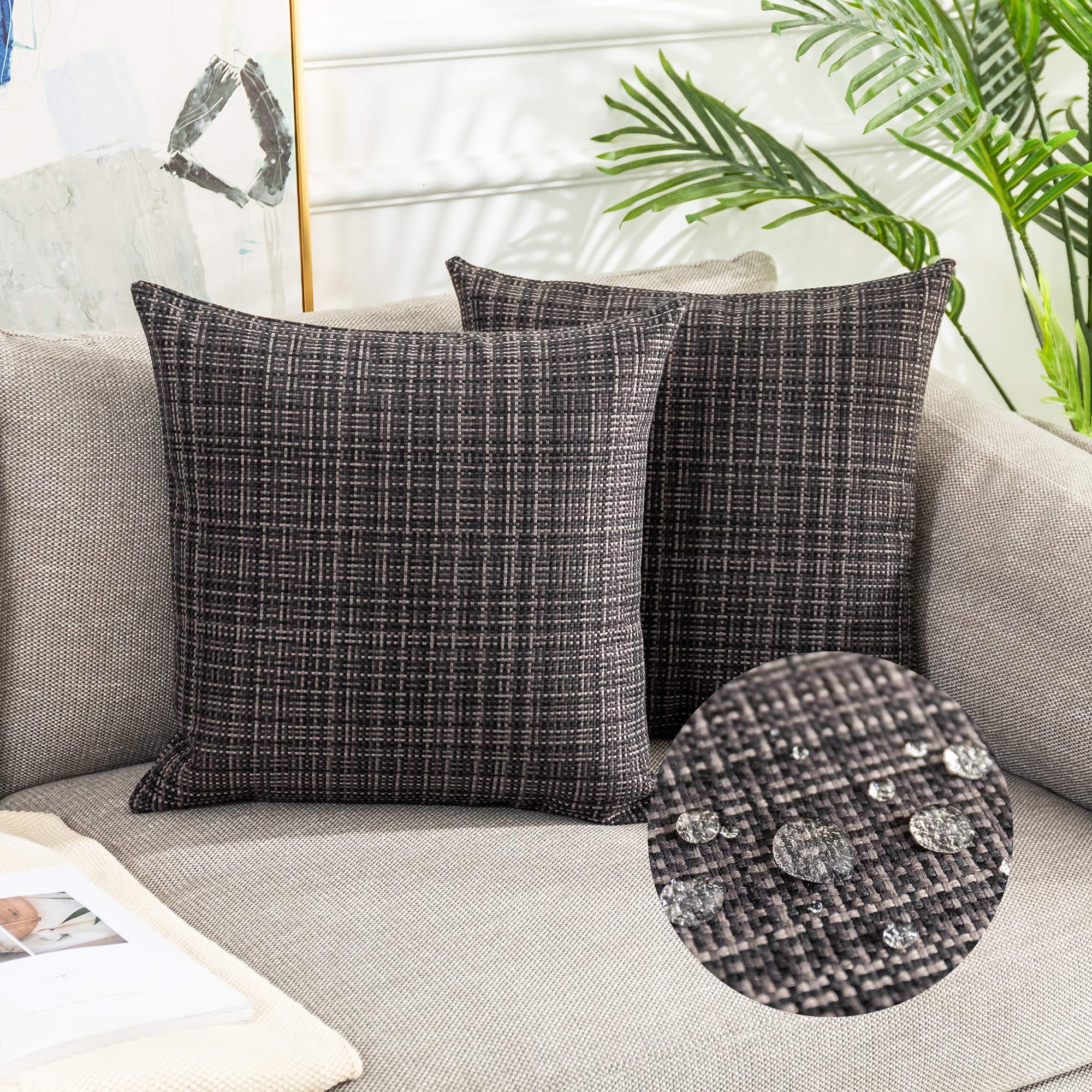Kevin Textile Waterproof Cushion Covers 45x45 cm Set of 2 Outdoor Stripe Woven Texture Water Resistant Seat Cushions Cover 18x18 Inch for Garden Patio Balcony Couch Sofa Chair Seats, Black