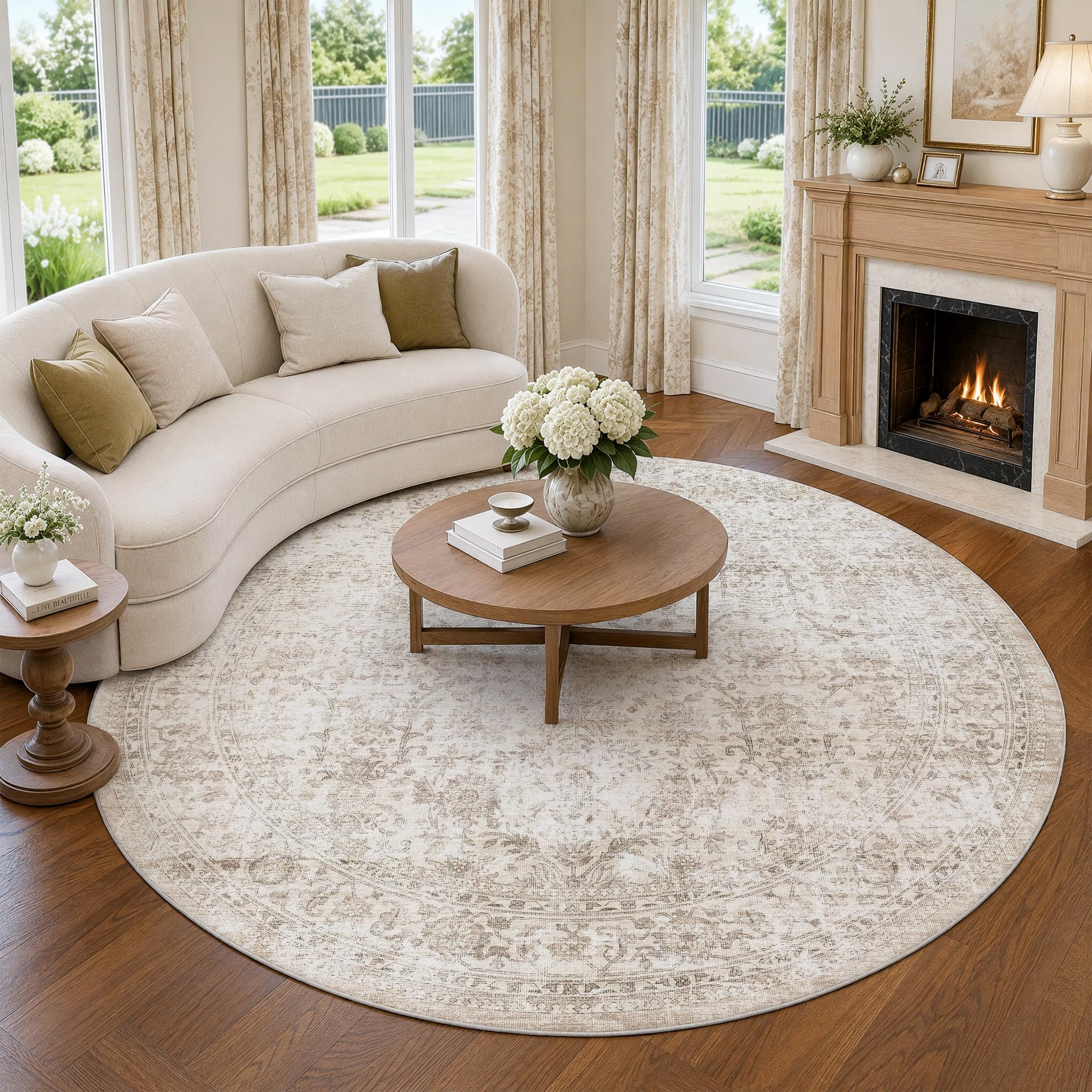 FMFUNCTEX 8ft Round Washable Beige Neutral Vintage Area Rug for Living Room