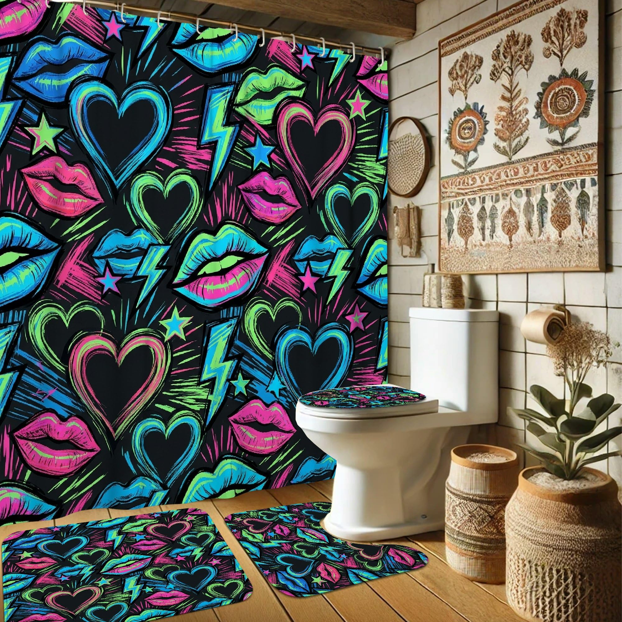 Rideau de douche style pop art 183 x 183 en toile avec tapis de bain et crochets fournis