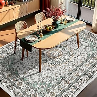 Grauer persischer waschbarer Teppich für Wohnzimmer, Vintage-Teppich für Schlafzimmer, Esszimmer, unter dem Tisch, Niederflor-Teppich, weiche florale Akzentmatte (15,2 x 22,9 cm, Graugrün)
