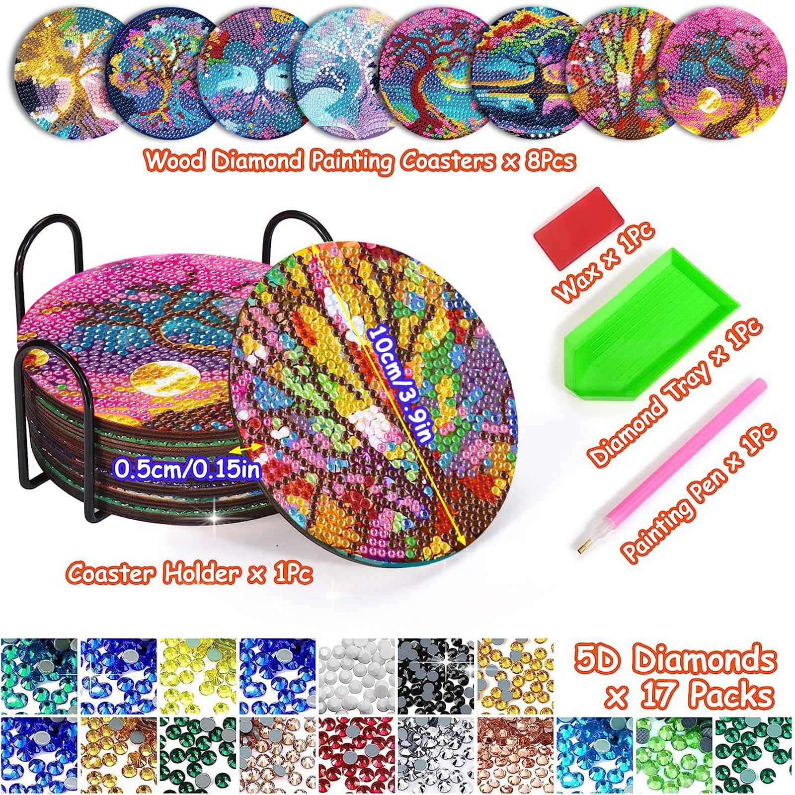 8 Piezas Posavasos Pintura Diamante con Soporte, DIY Mandala Diamante Pintura Posavasos, Flor de la Vida Diamond Painting Adecuado para Tazas, Copas de Vino, Estudio, armarios