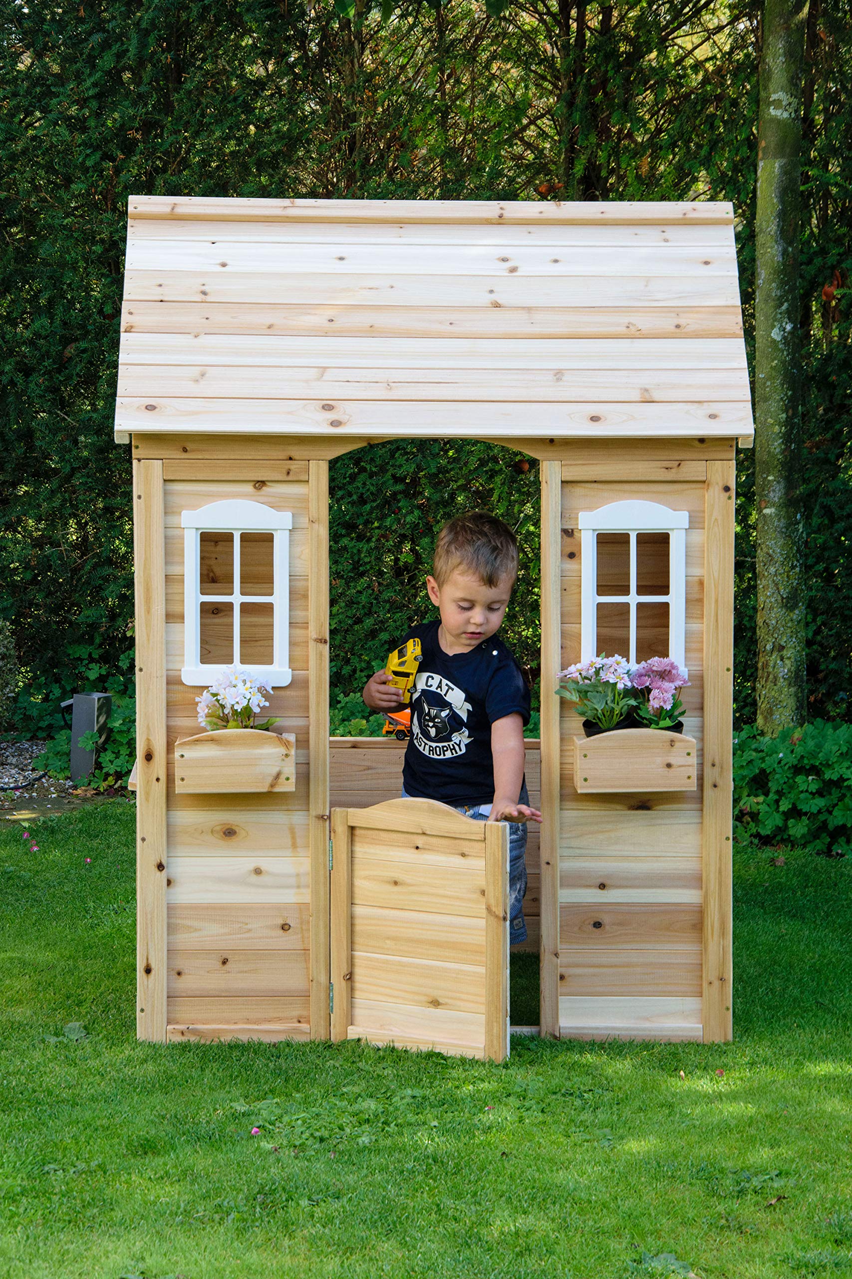 dobar® 94810FSCe Casa de Juegos con jardineras | Casa Infantil para Exteriores de 1,10 m de Altura | Casa de Juegos de jardín de Madera Maciza | Casa Infantil Impermeable con Ventana | 107 x 92 x