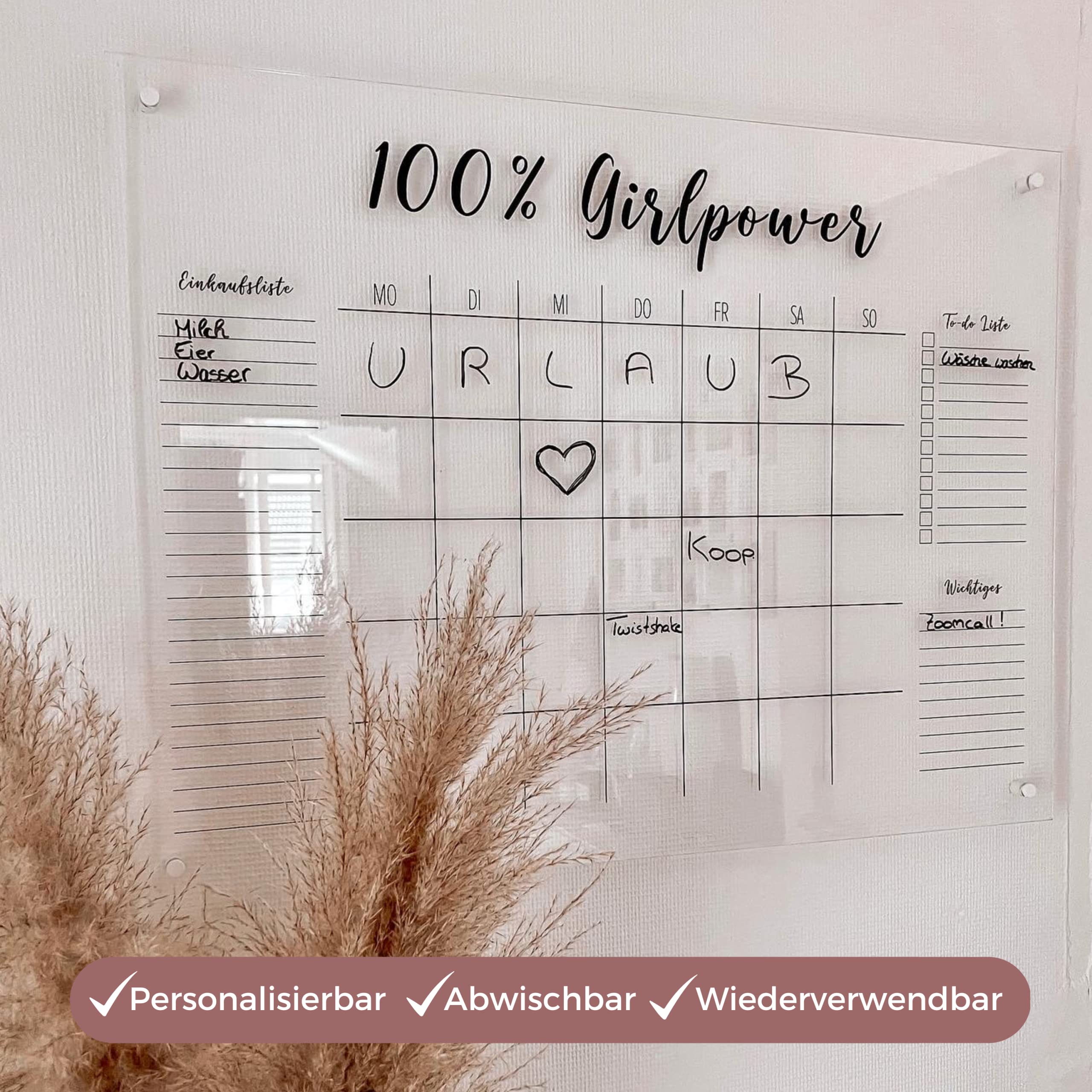 personalisierter Wandkalender - Monatsplaner - wiederverwendbarer Kalender aus Acrylglas - Familienplaner abwischbar für die ganze Familie