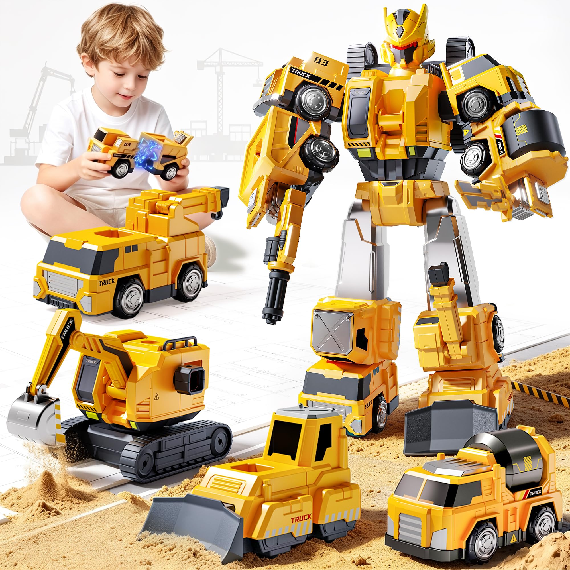 VEEVIFUN Construction Toys for 5 Year Old Boy Gifts, Car Toys Set Includes Trucks & Digger Toys, 5 in 1 Magnetic Transformable Robot Boys Toys Age 3-6, Birthday Gifts for 3 4 5 6 7 Year Old