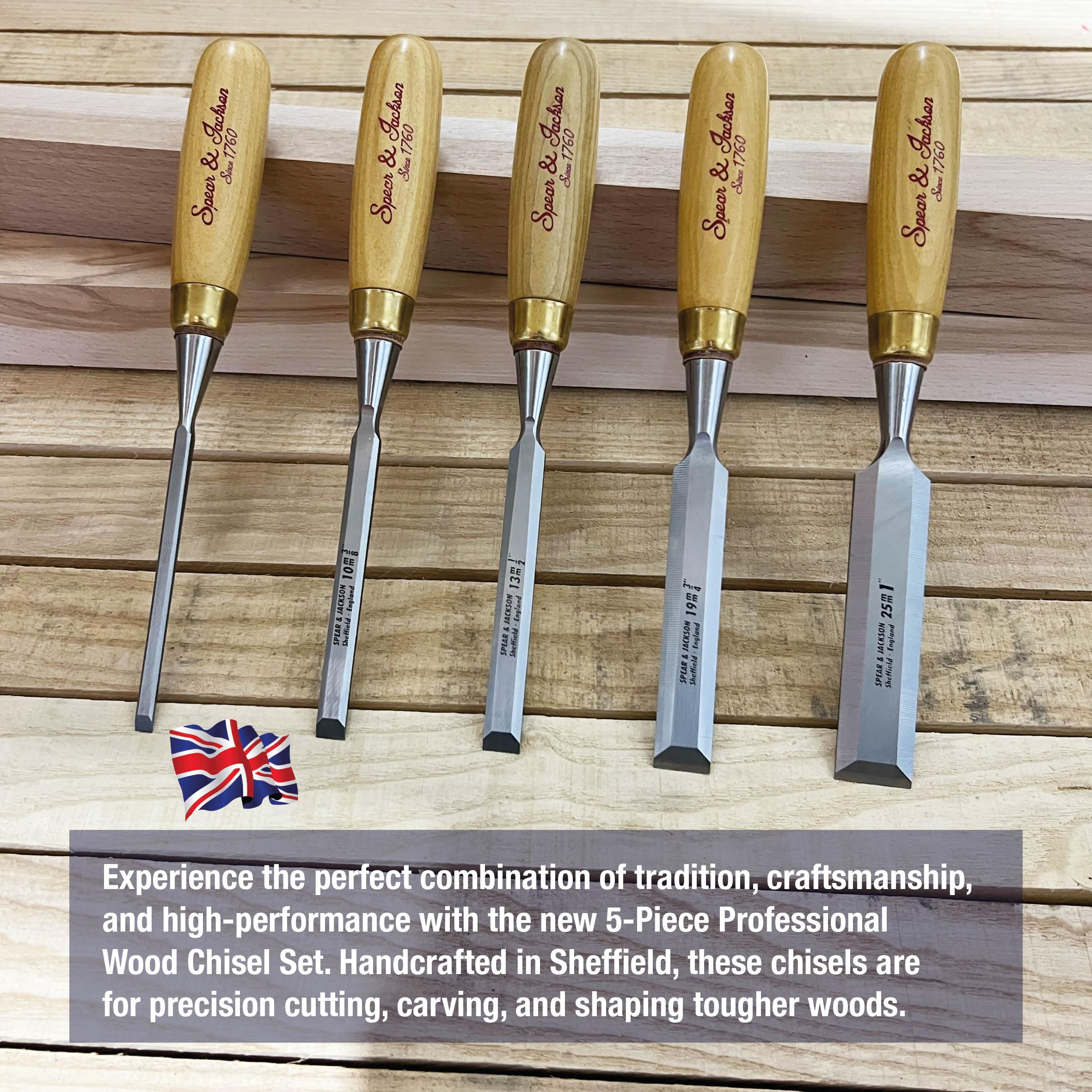 Spear & Jackson SJ5PCSET Zestaw 5 Dłut do Drewna – Ręcznie wykonane w Sheffield, Anglia – do precyzyjnego cięcia, rzeźbienia i kształtowania