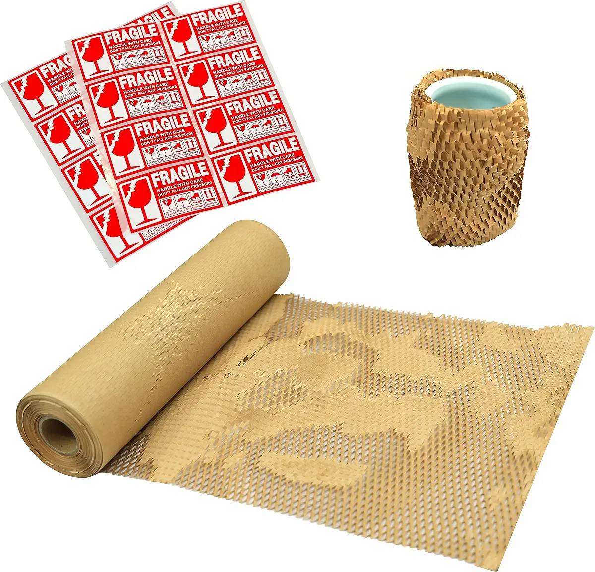 UTOCITY Eco-Friendly Honeycomb Packing Paper, Biodegradable and Recyclable Cushioning Wrap Bubble Paper Roll for Moving Shipping Packaging Gifts, Includes 20 Fragile Sticker Labels