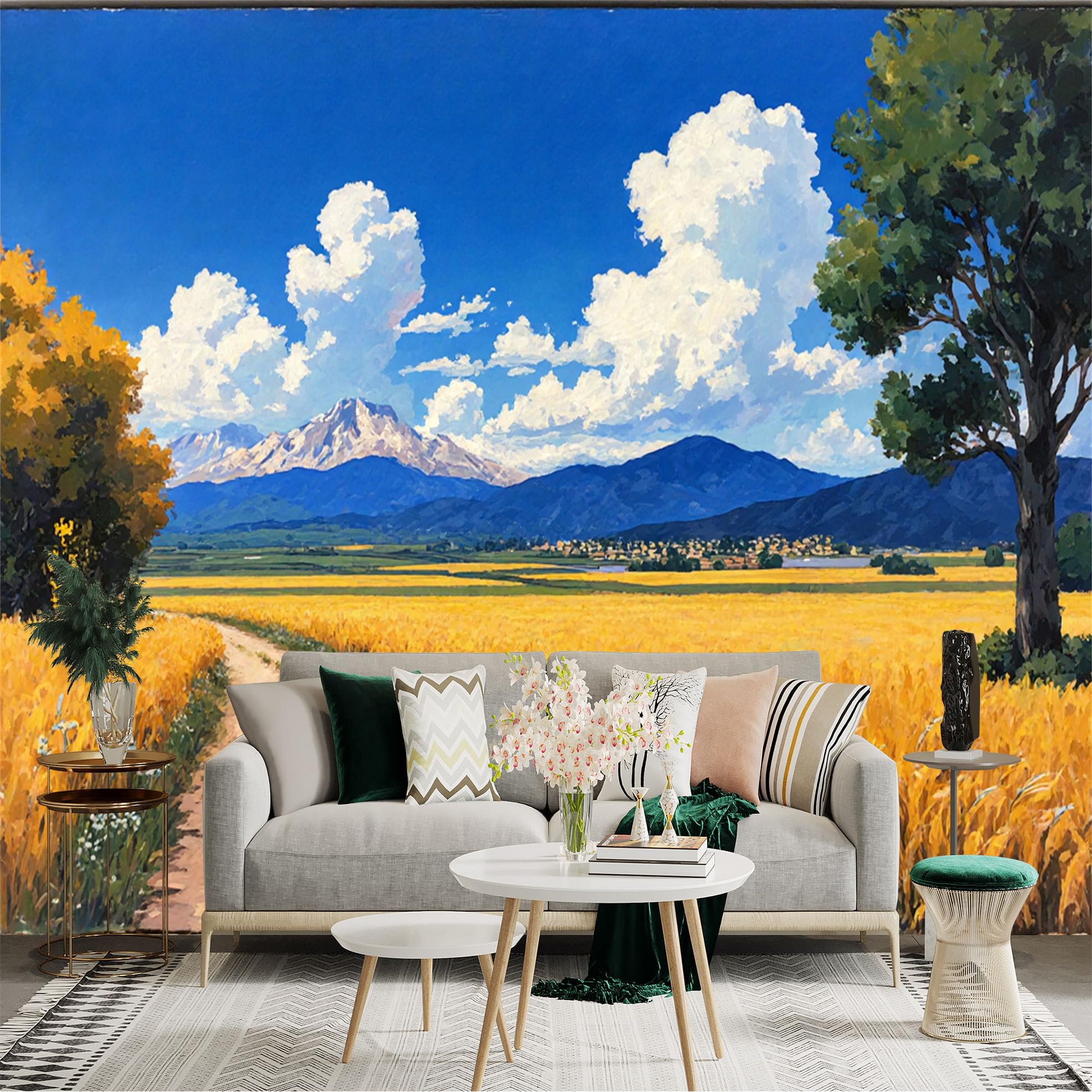 Custom Size Wall Sticker Mural， Golden Wheat Field， Scenic Countryside Road， Majestic Mountains with Blue Sky， Summer Landscape， for wall Decoration， peelandstick wall Decals.