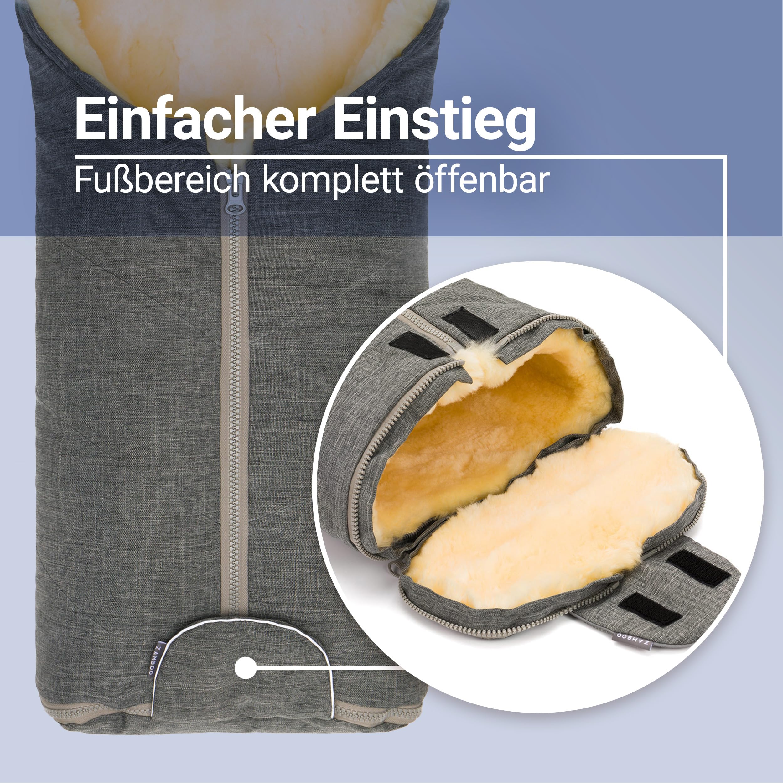 Zamboo Lammfell Fußsack für Babyschale und Kinderwagen Wanne - Universal Baby Winterfußsack aus Merino Lammwolle, für 3 Punkt und 5 Punkte Gurte - Grau | Universal Baby Winterfußsack aus Merino Lammwolle, für 3 Punkt und 5 Punkte Gurte