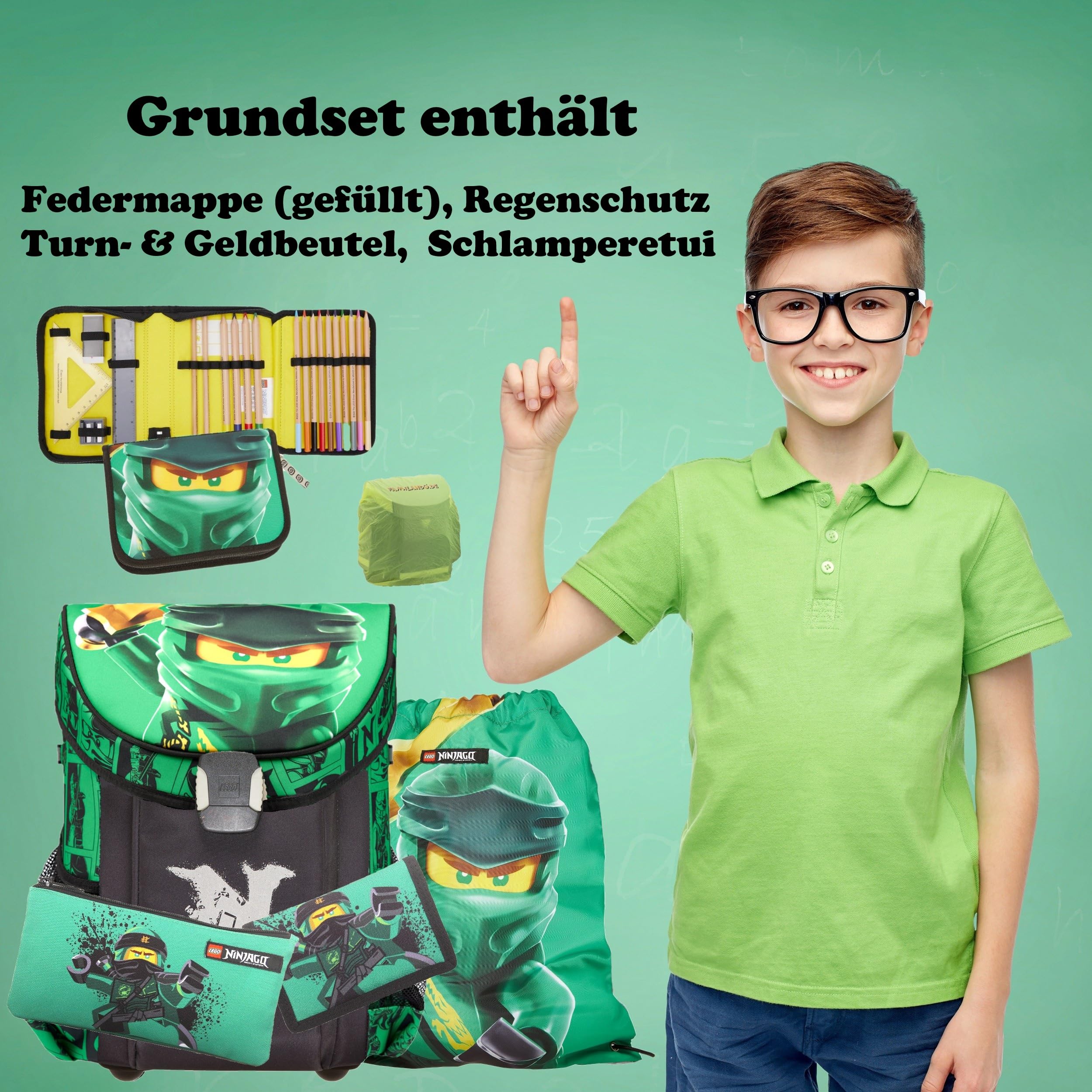 Familando - Schulranzen Set 9-teilig mit Sporttasche - Ninjago Grün - Ergonomisch, stabil & mit gepolstertem Rücken - 790g leicht mit 16L Volumen - wasserabweisend und mit Reflektoren - Ab 1. Klasse