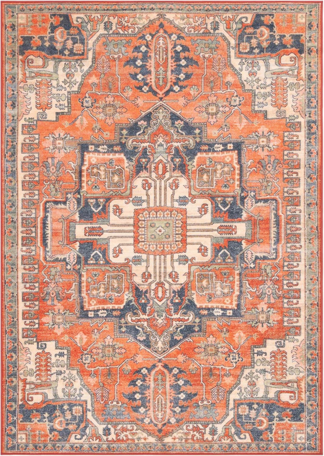 SAFAVIEH Washable Rug Journey Collection - 6'7" Square, Rust & Navy, Slip Resistant & Easy Cleaning, Ideal for Living Room, Bedroom, Dining Space (JNY100P)