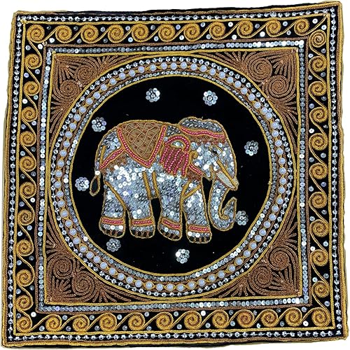 Funda de almohada Funda Tailandesa Birmana Elefante Bordado Vintage Cuentas Lentejuelas (Brillo Marrón)