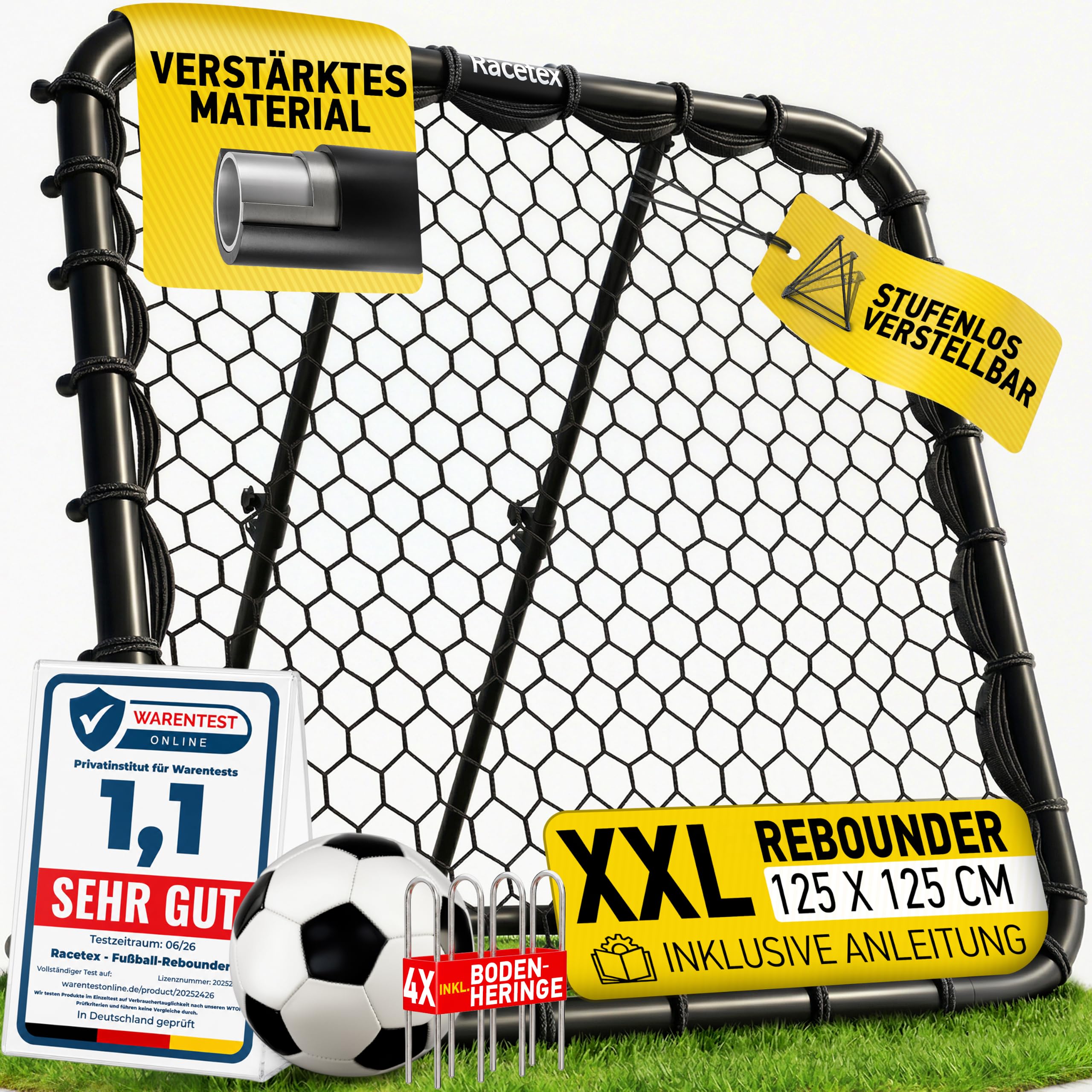 Racetex Rebounder für Fußball-Fussball Rebounder mit robuster Konstruktion | Stufenlos Verstellbar - Rebounder für Schuss-, Pass- und Ballannahme Training. Optimales Fußballtraining für Kinder im Garten
